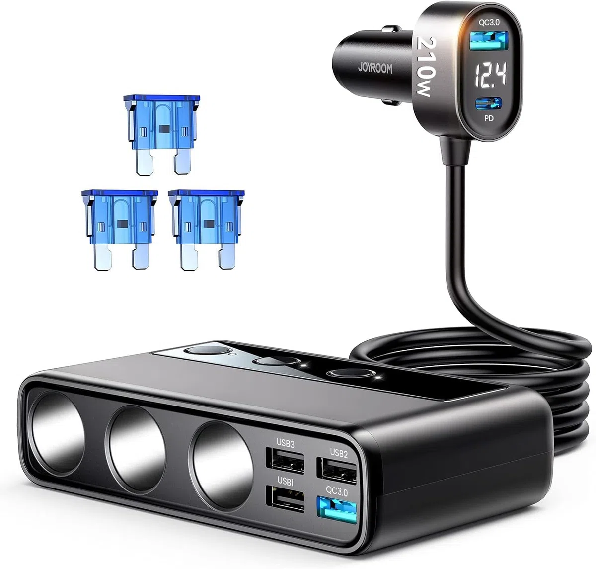 JOYROOM 210W 9-en-1 Divisor Encendedor Cigarrillos,【2025 Nuevo】 12V/24V Divisor Salida 3 Socket Cigarette Lighter Splitter con 36W PD/QC 3.0, 5 Puertos de Carga USB & Voltímetro LED para iPhone 16