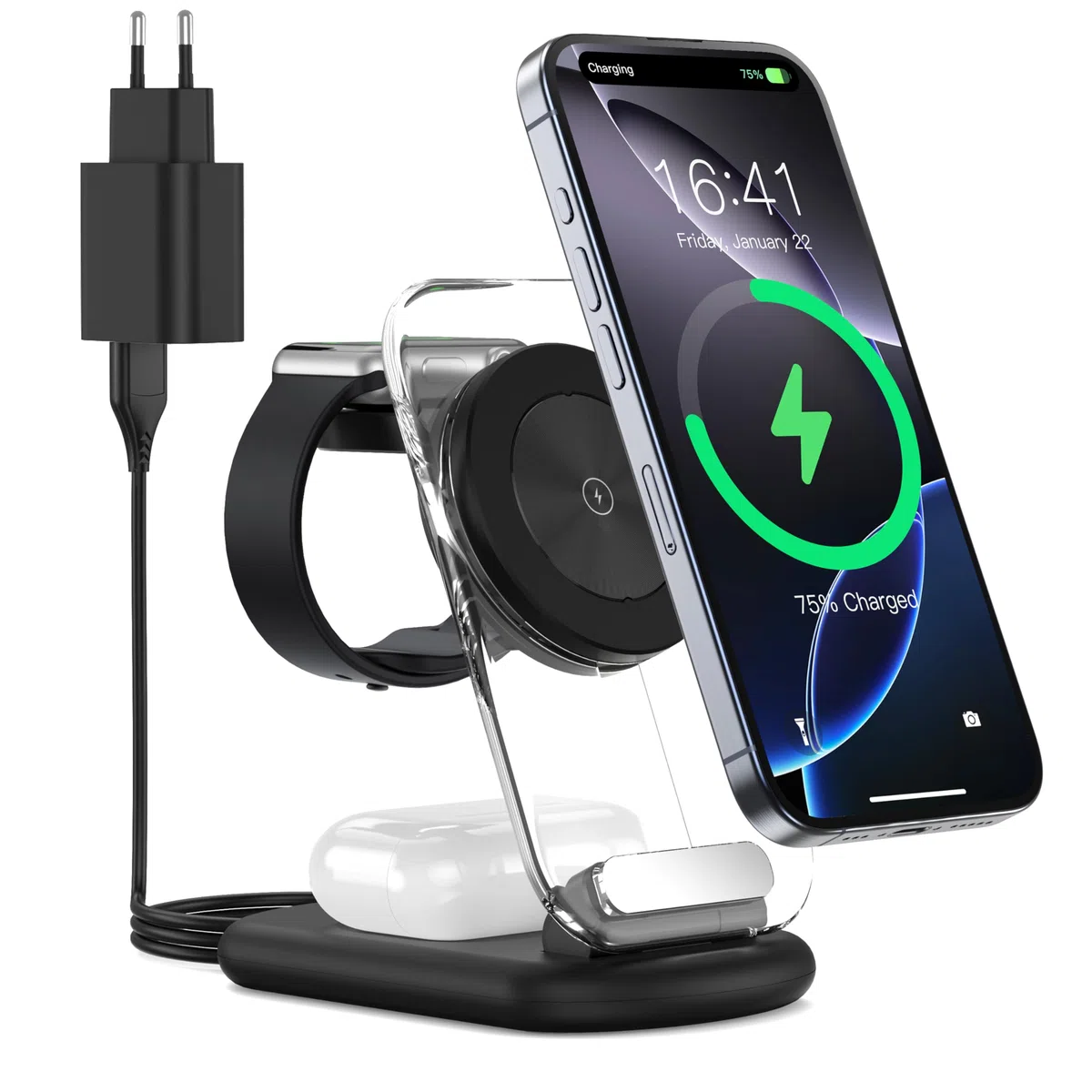 Estación de carga inalámbrica 3 en 1 para Mag-Safe, cargador magnético inalámbrico plegable y ajustable, soporte de cargador de viaje Mag-Safe con luz para iPhone Series 15/14/13, AirPods, Apple Watch