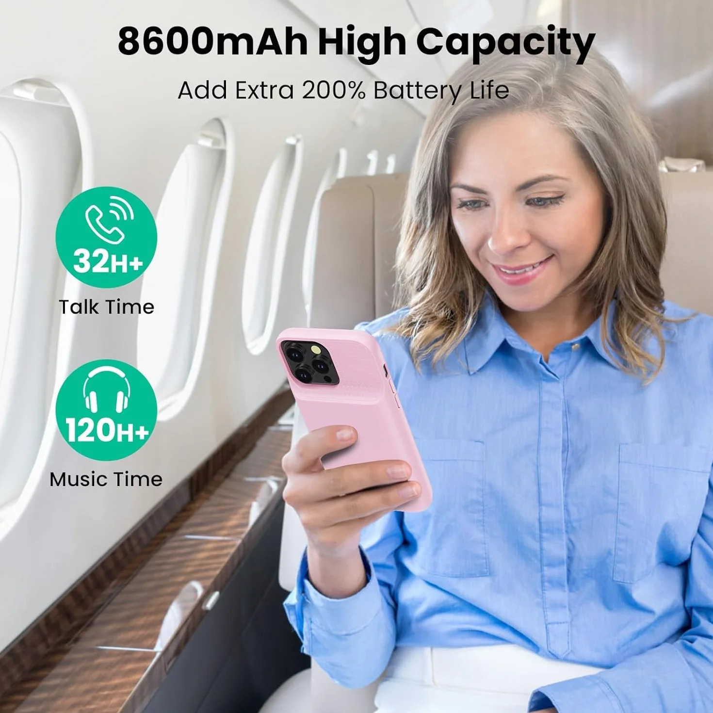 Feob Funda Batería para iPhone 15 Pro MAX,【15W Carga Rápida & Potente】 8600mAh Funda Cargador Portatil Carcasa Batería Recargable Ultra Capacidad Batería Externa para iPhone 15 Pro MAX [6,7"] - Rosa
