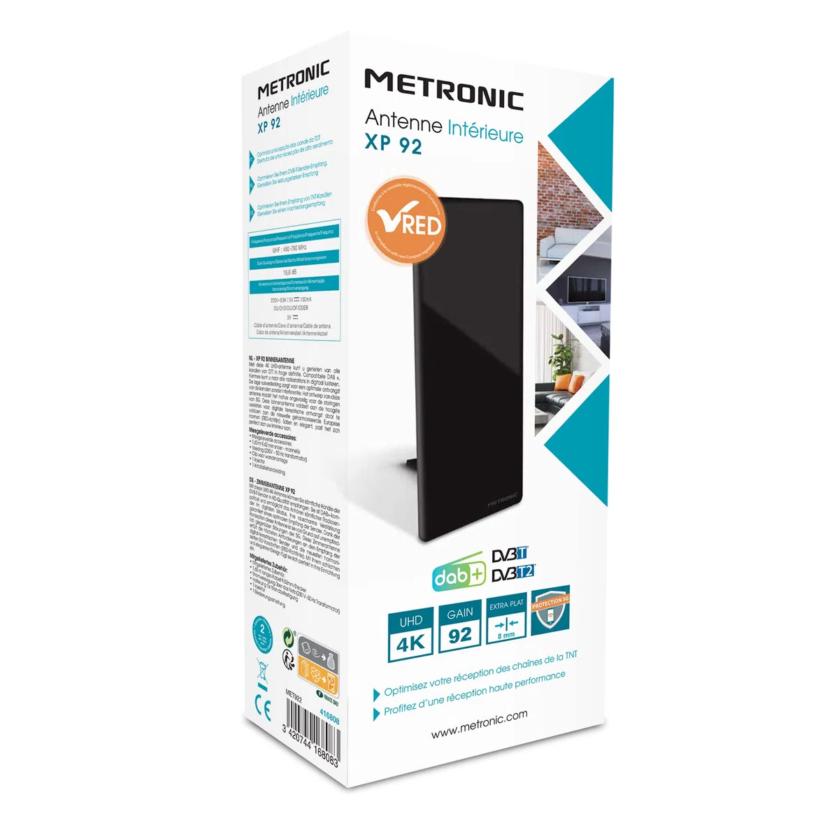 Metronic 416808 - Antena TV TDT Interior, para HDTV, UHD, 4K / DVB-T/DVB-T2 / UHF, Filtro 5G, recibe emisoras Radio Dab+, Ganancia 92, extraplana, con pie de Soporte o fijación Mural, Negro