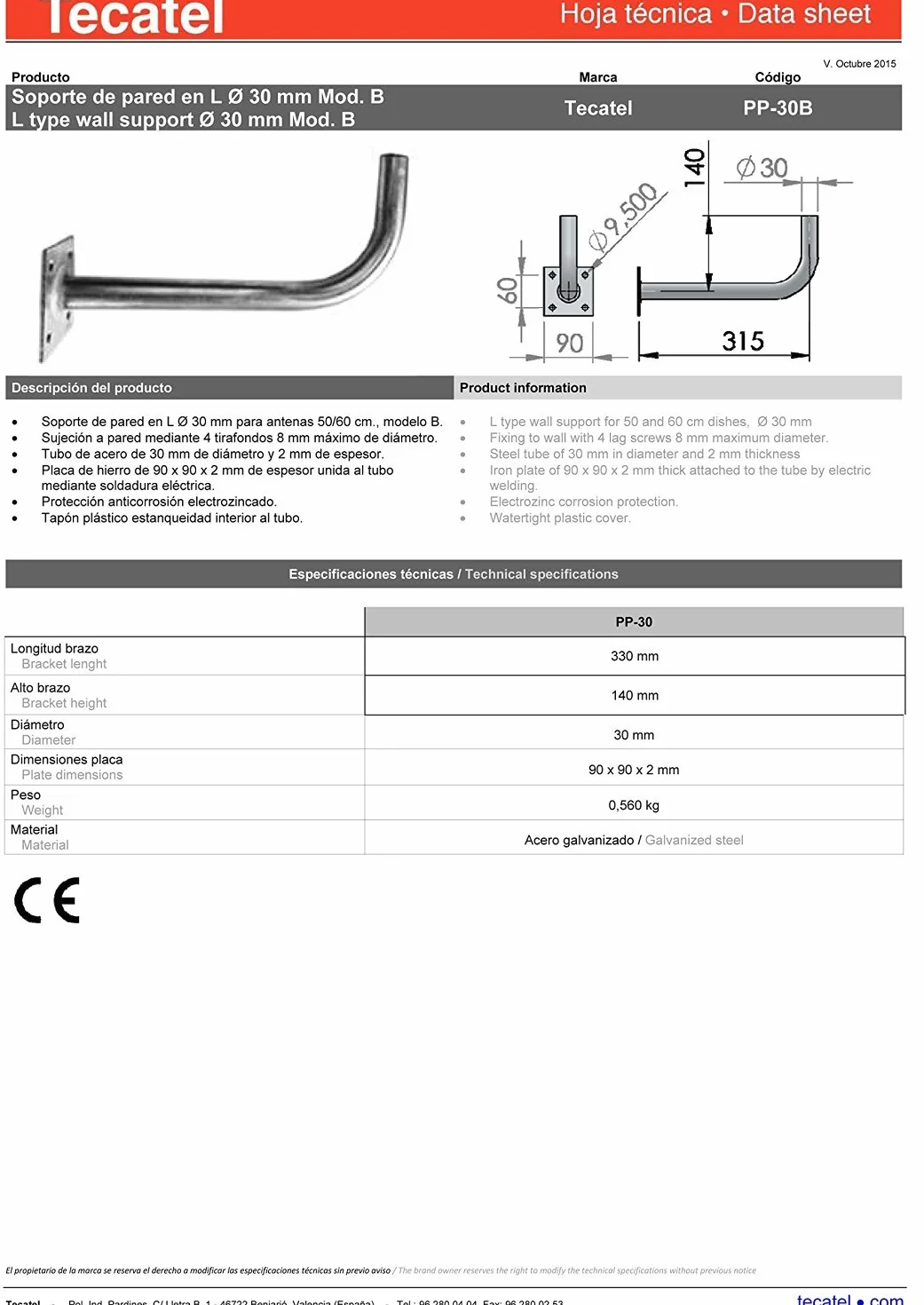 Tecatel K60C1LSCC - Kit parabólica, suporte, LNB Universal, cable y conectores, 60 cm, color blanco