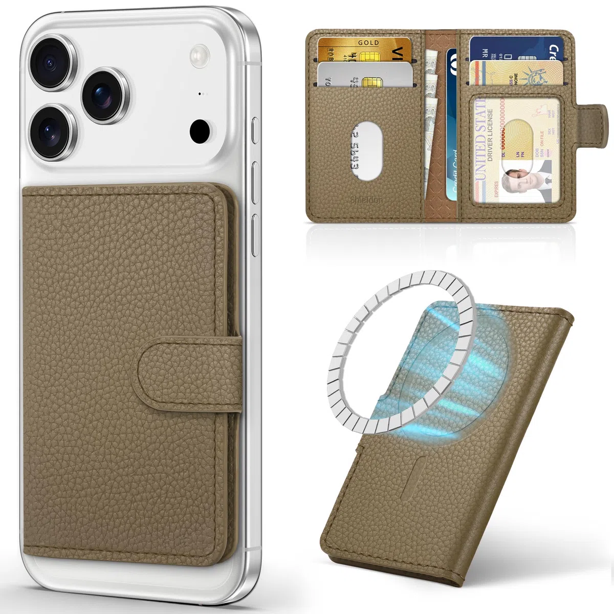 SHIELDON Tarjetero Adhesivo, Cartera Magnética de Cuero Genuino Extraíble [Bloqueo RFID][Ranura para Tarjeta] Leather Phone Wallet para iPhone Serie 17/16/15/14/13/12 - Grano de Litchi Caqui