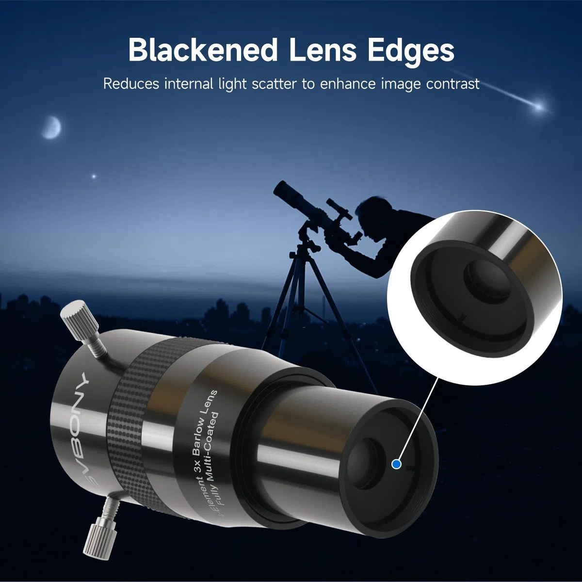 Svbony SV216 Lente Barlow 3X, 1.25" Metal Barlow 4 Elementos Apocromática FMC Lente Telescopio para Observación Planetaria con Ocular de Telescopio