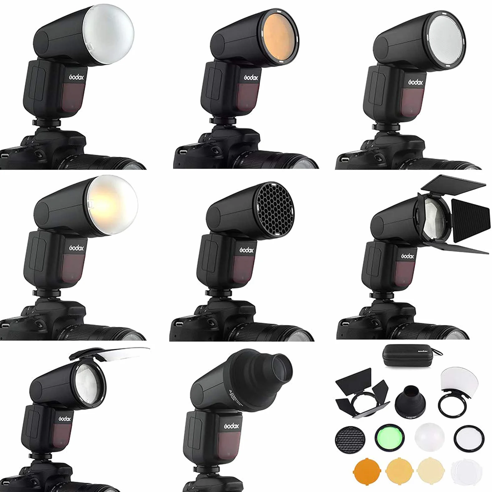 Godox AK-R1 Kit Accesorios para Godox V1 Flash y H200R, AD200, AD200Pro - Estudio Flash con Granero Puerta, Snoot, Color Filtro, Reflector, Honeycomb