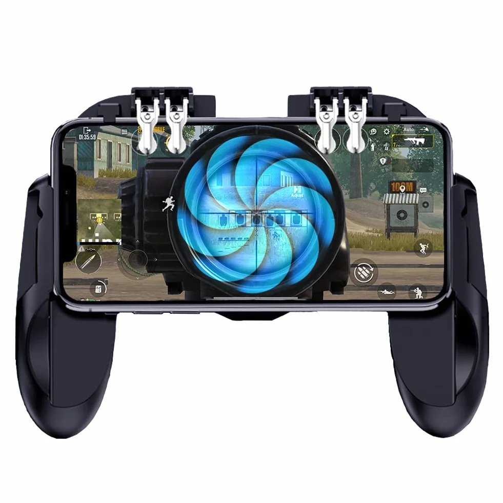 Gatillos para Movil Mando Mobile Controller 6 dedos con Ventilador, Gamepad Joystick de Disparo y apuntar L1R1 L2R2 Grip para Call of Duty PUBG Compatible con Smartphone iOS e Android