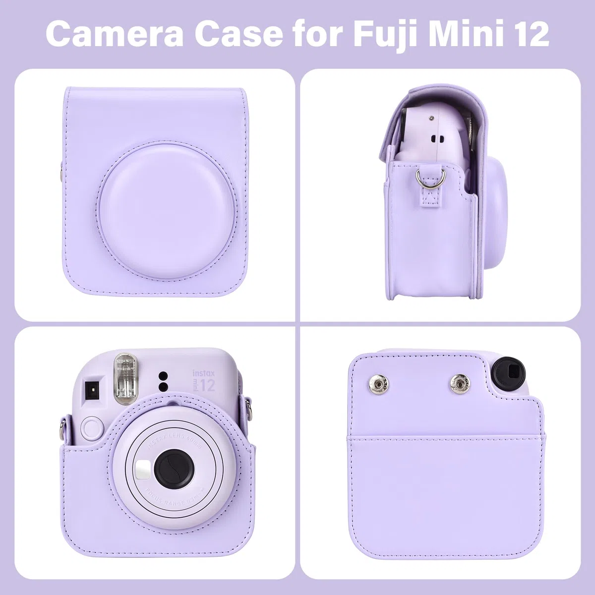 Estuche para cámara instantánea Compatible con Instax Mini 12, Bolsa de Cuero PU con Bolsillo, Correa Ajustable para el Hombro y Mini álbum de Fotos con 28 Bolsillos (Morada Puro)