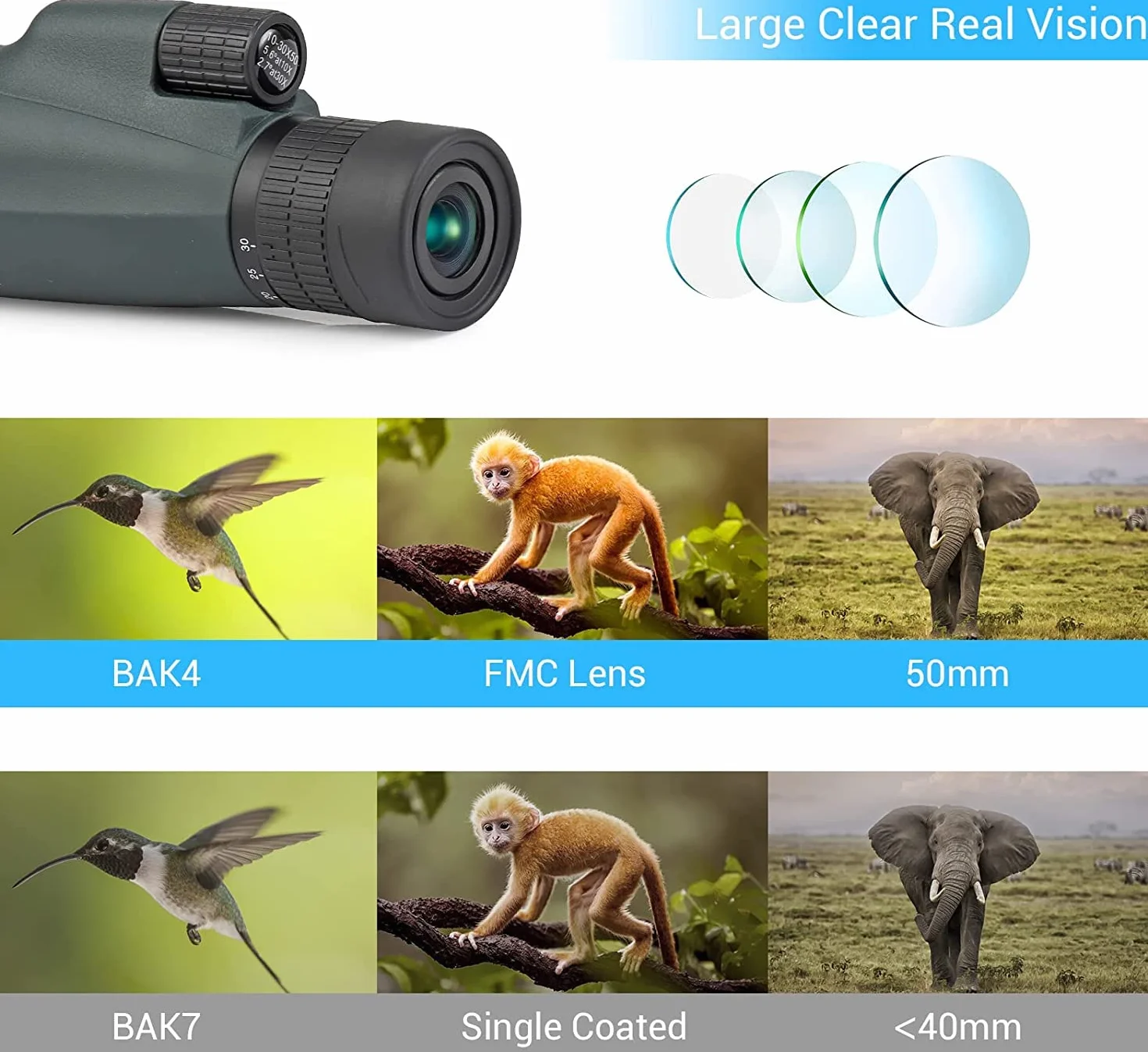 Monocular 10-30x50 HD Zoom, Czemo Largo Alcance Impermeable y Antivaho com Prisma BAK-4 y Soporte Teléfono y Trípode para Observación de Aves Caza
