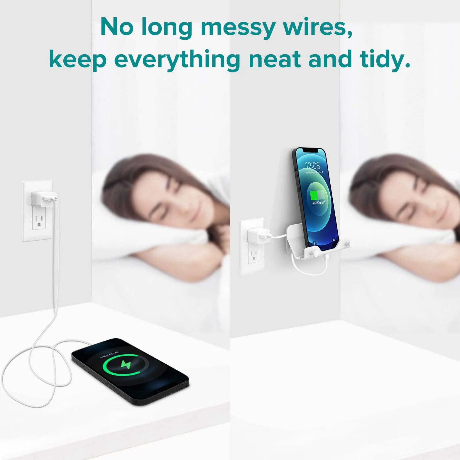 HomeMount Soporte de Pared para teléfono, Tira Adhesiva Manos Libres para Dormitorio, Sala de Estar, Cocina, Compatible con Todos los teléfonos o Mini iPad (2 Piezas - Blanco)