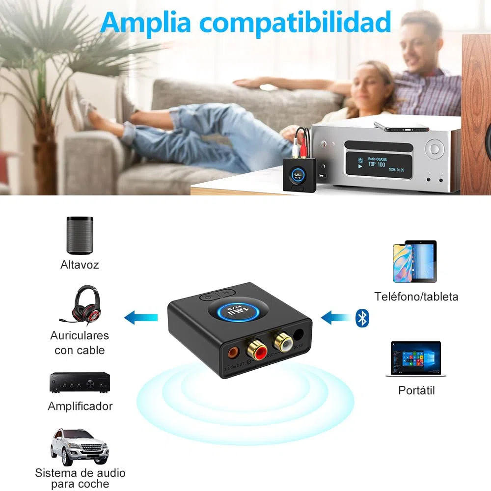 1Mii Receptor Bluetooth HiFi para Sistema Estéreo, Adaptador Audio Inalámbrico AUX/RCA Jack 3.5 con Refuerzo de Graves, Baja Latencia, 12H Autonomía para Amplificador, Coche y Altavoz