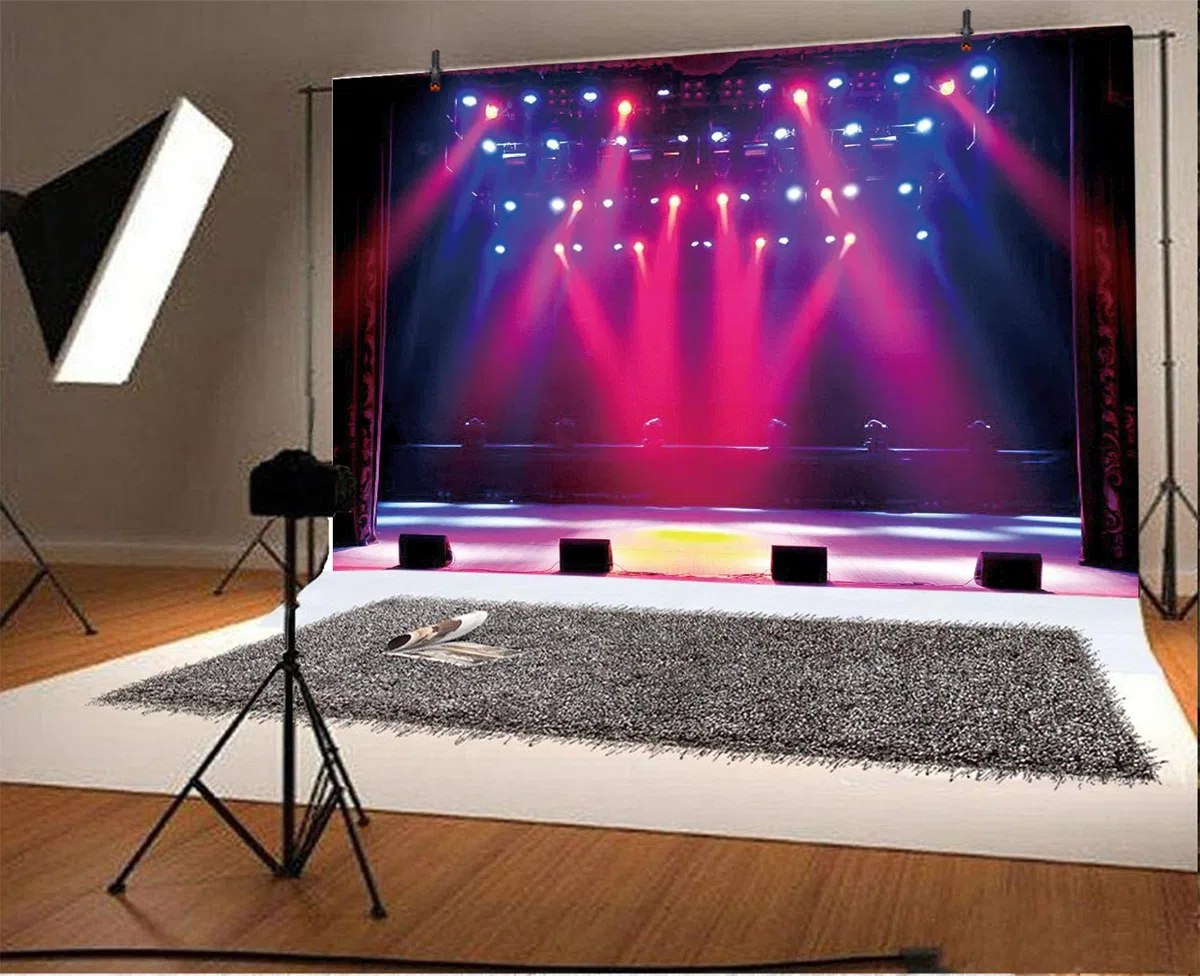 2,2x1.5m Concierto en el Escenario Fondo Purpurina Escenario Colorido Fondo de Fotografía Spotlight Concierto de música en Vivo Mostrar telón de Fondo Decoración para Fiestas Infantiles