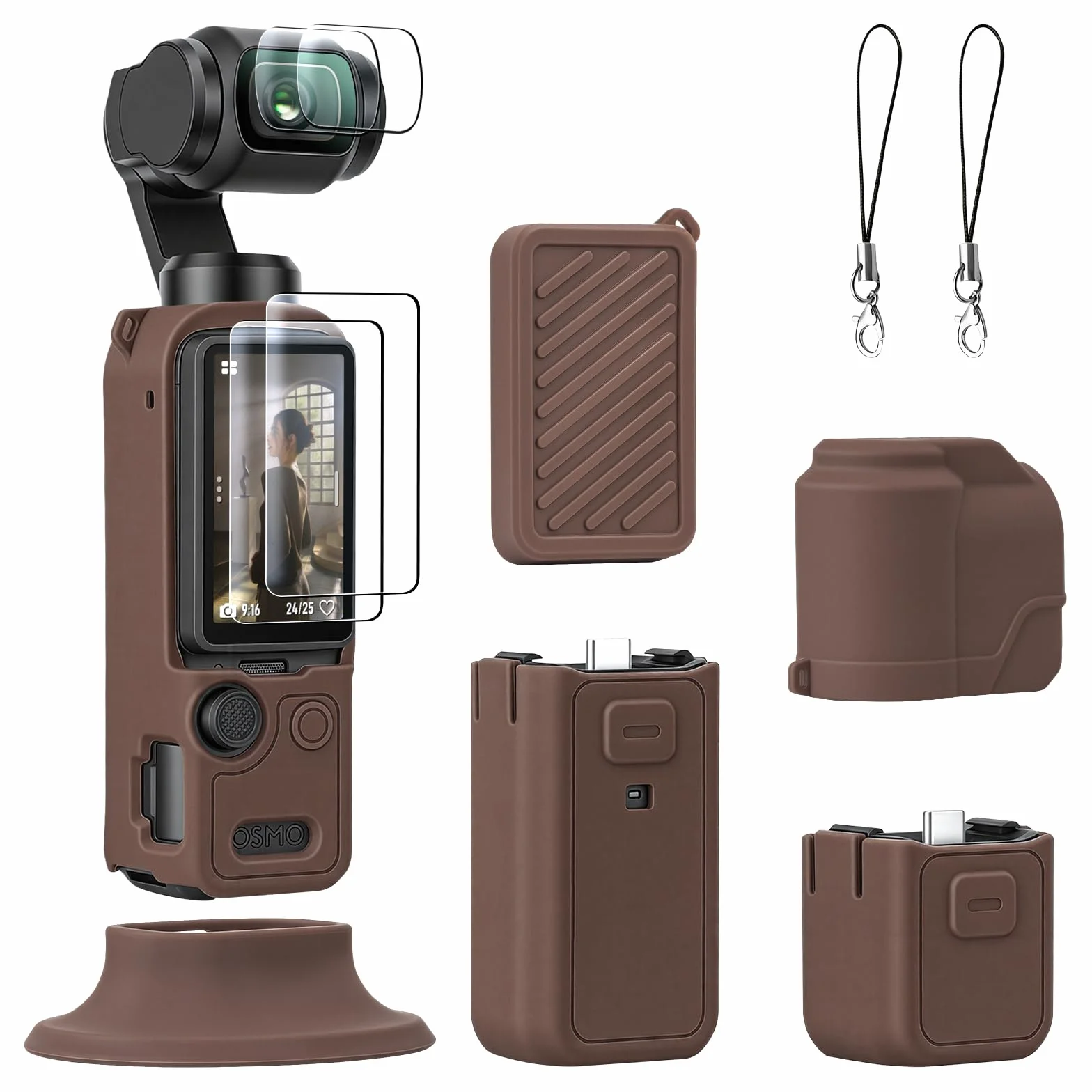 AMAZEAR Funda Silicona para dji OSMO Pocket 4, Pocket 4 Accesorios Funda Protectora Silicona Suave Combo con Cristal Templado Protector Pantalla Objetivo, Soporte Silicona, marrón