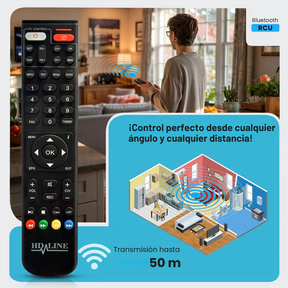 Hd-line Decodificador Digital terrestre DVB-T2 2024, Full HD 1080P, Mando a Distancia Bluetooth, Oculto detrás de la TV, Pantalla Digital, H265 HEVC 10 bits
