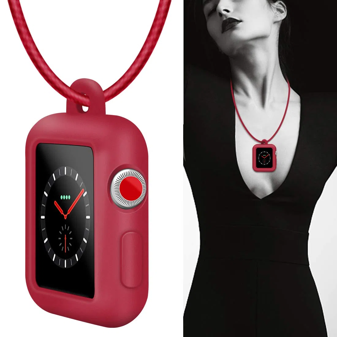 con Cuero Genuino Collar Colgante Correa Reemplazo Funda Protectora de Silicona Funda Compatible para Apple Watch Series 5 4 3 2 1 38mm 42mm Accesorios para Banda para el Cuello(Rojo,44mm)