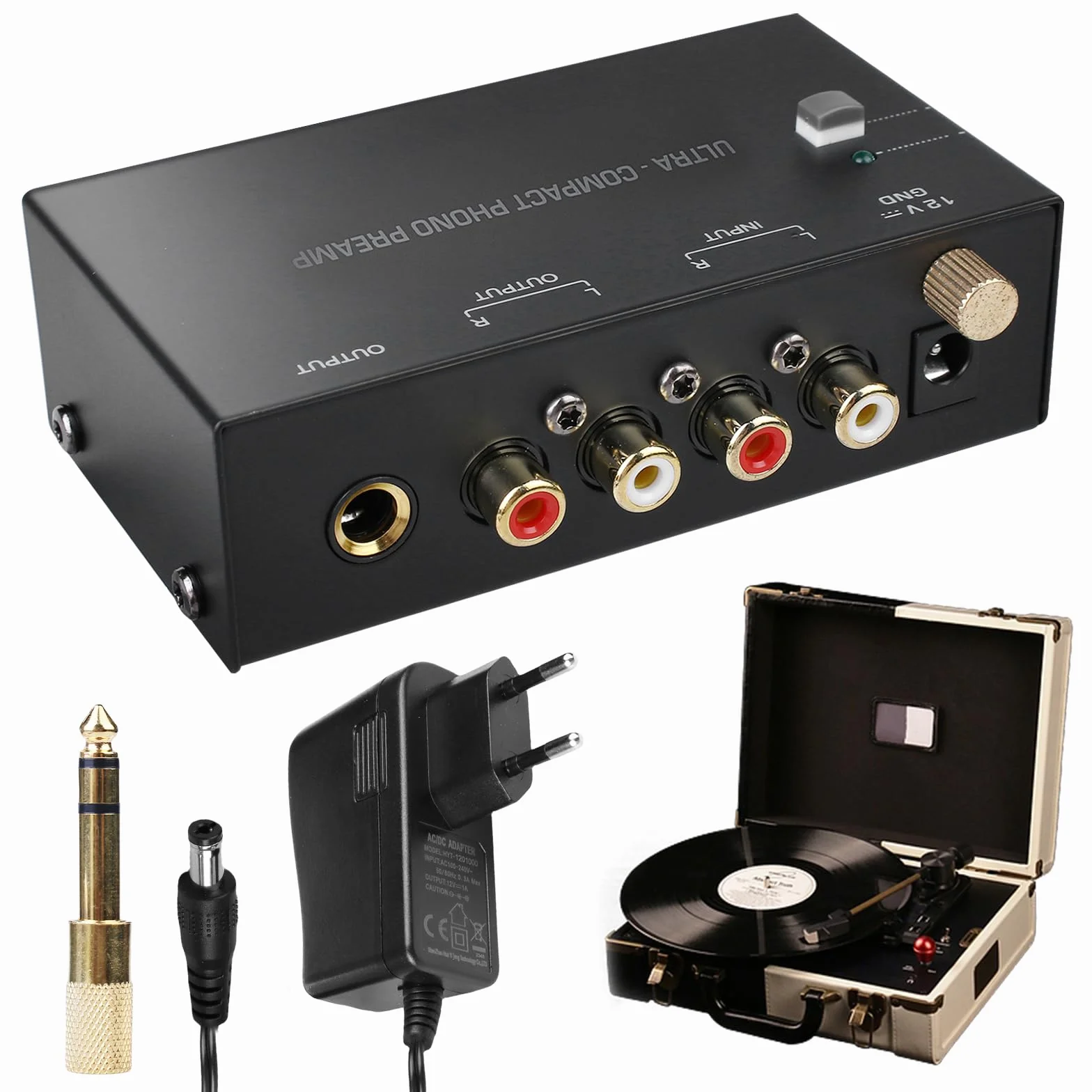 PORFOYO Preamplificador De Fono, Tocadiscos Con Adaptador DC 12 V, Reproductor Compacto, Amplificador Frontal Entrada Rca, Salida Enchufe Europeo