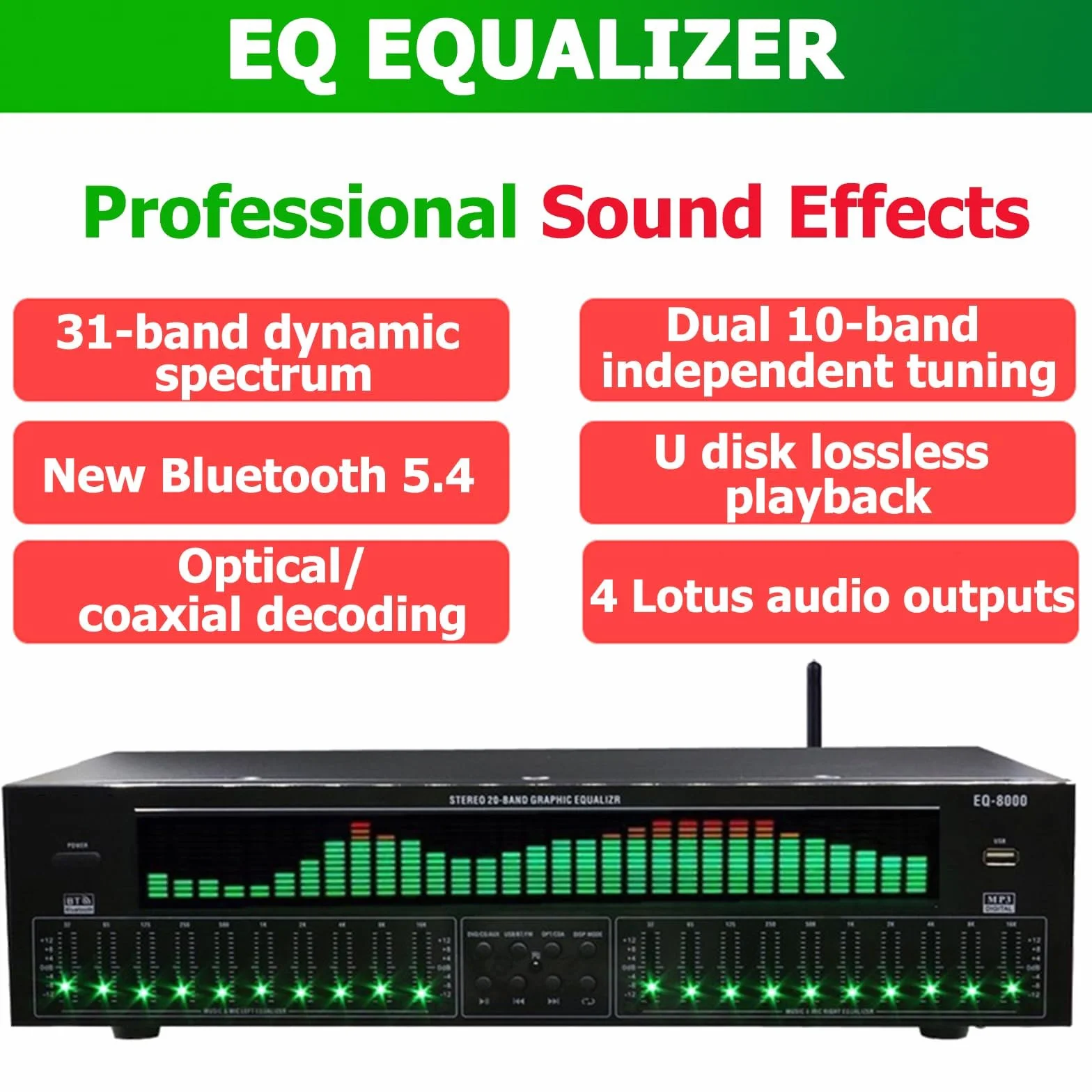 COYEUX Ecualizador Digital de 31 Bandas, Ecualizador gráfico HiFi, 12 Modos de Ritmo, Doble sintonización Independiente de 10 segmentos, reducción de Ruido, Uso en Estudio de grabación