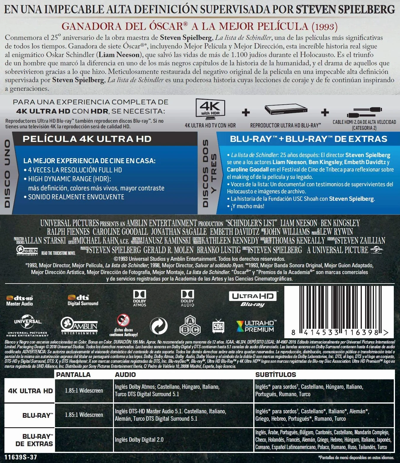 La Lista De Schindler (4K Ultra-HD + BD + BD Extras) [Blu-ray]