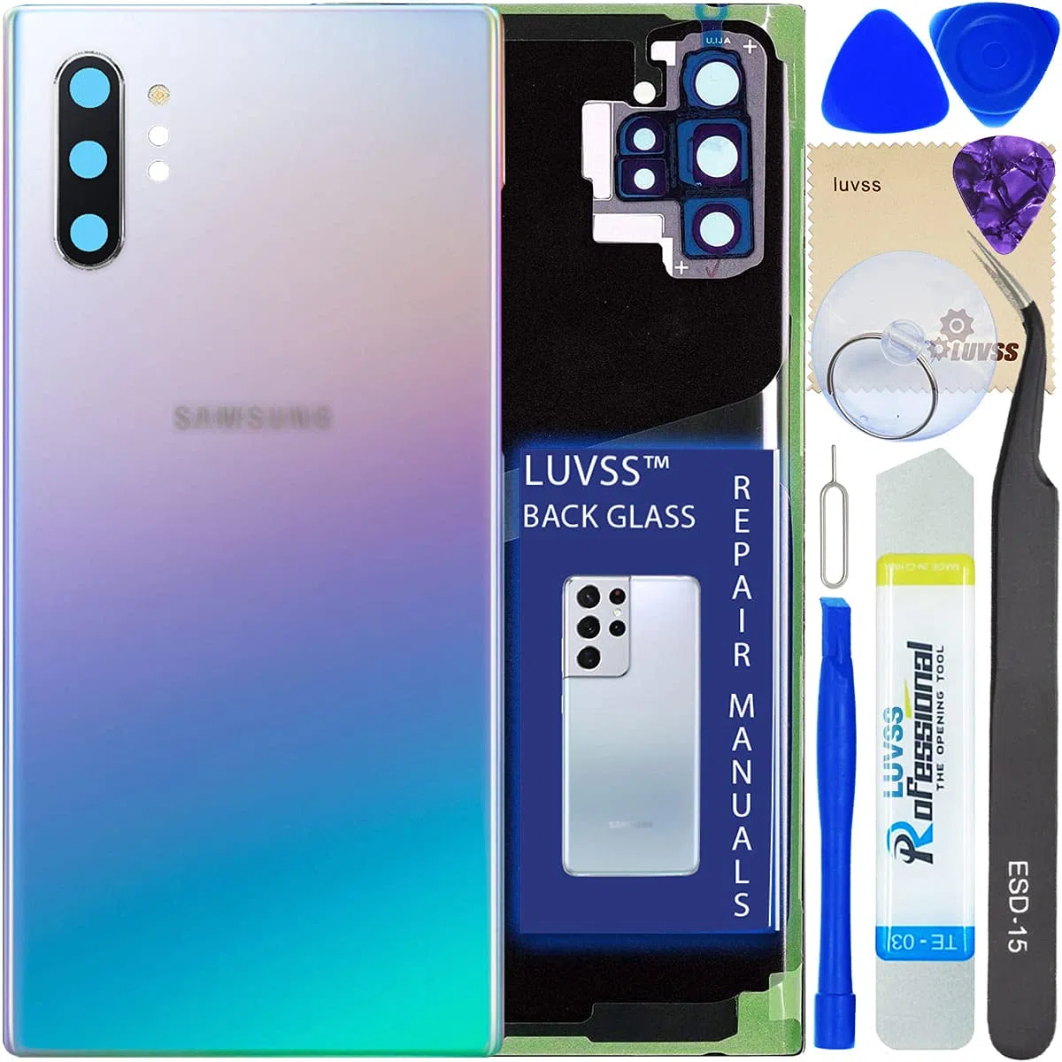 LUVSS Tapa Trasera Vidrio para Samsung Galaxy Note 10+ Plus Cubre Bateria con Lente de Cámara Reemplazo Kit de Reparación SM-N976 N975F -Plata Aura Glow