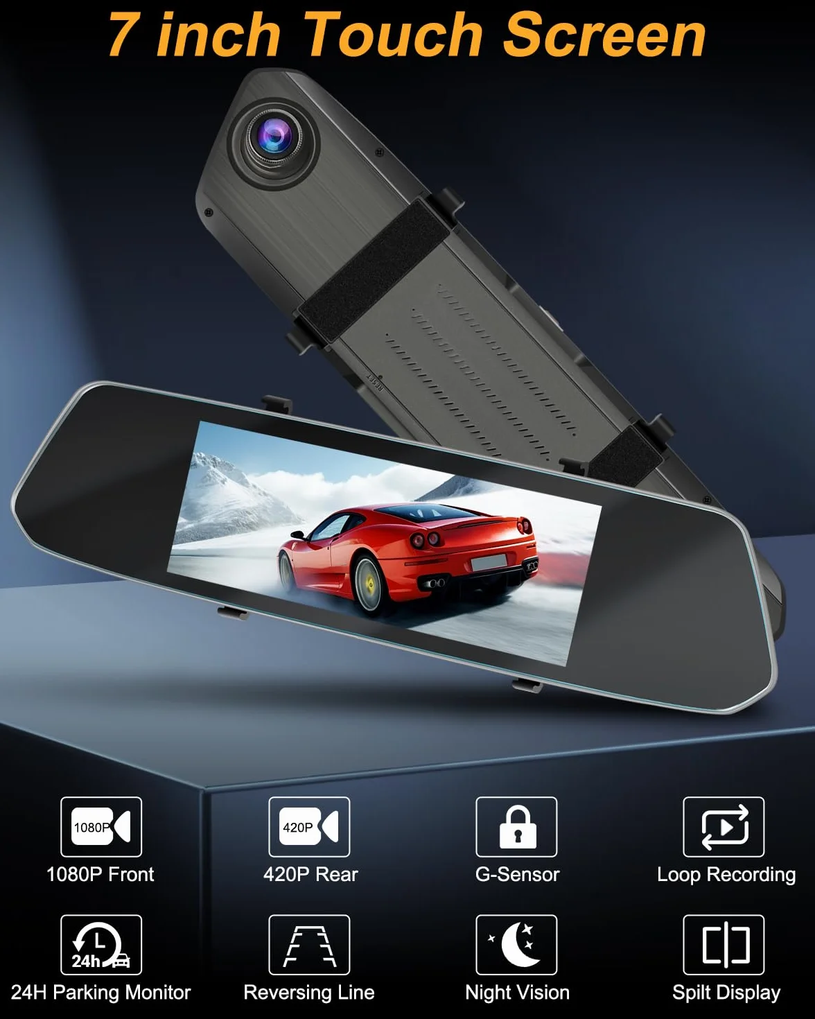 NHOPEEW 7 pulgadas Espejo Dash Cam con Vista Delantera y Trasera Cámaras Duales - Sensor de Gravedad/Visión Nocturna/Grabación en Bucle/Detección de Movimiento/Monitor de Aparcamiento + 64G Tarjeta SD