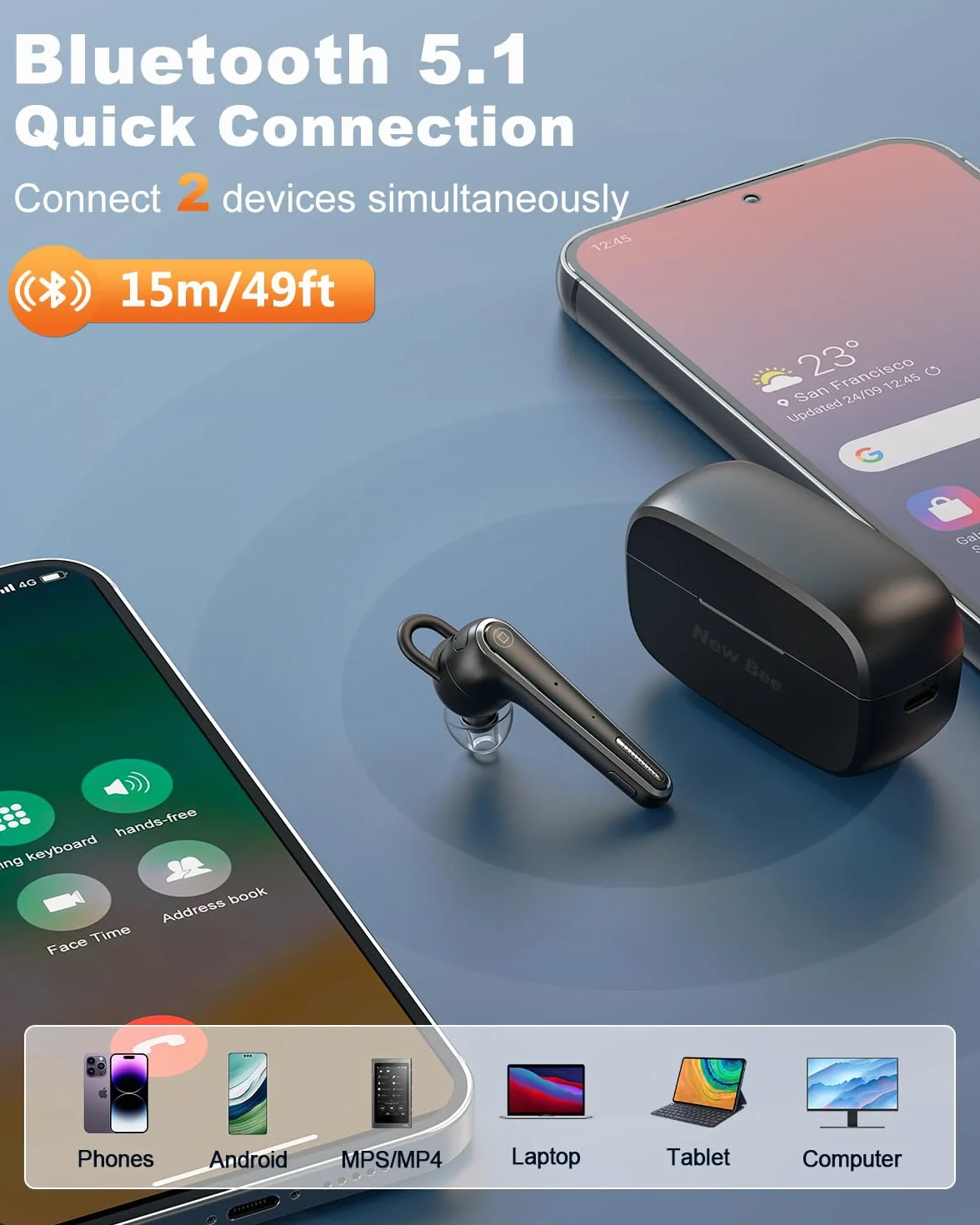 New Bee Auriculares Manos Libres Bluetooth V5.1 con 50 Horas de Conversación,Ultraligero Manos Libres Oreja con ENC Doble Micrófono Cancelación, Conexión de Dos Dispositivos para Conducir/Negocios