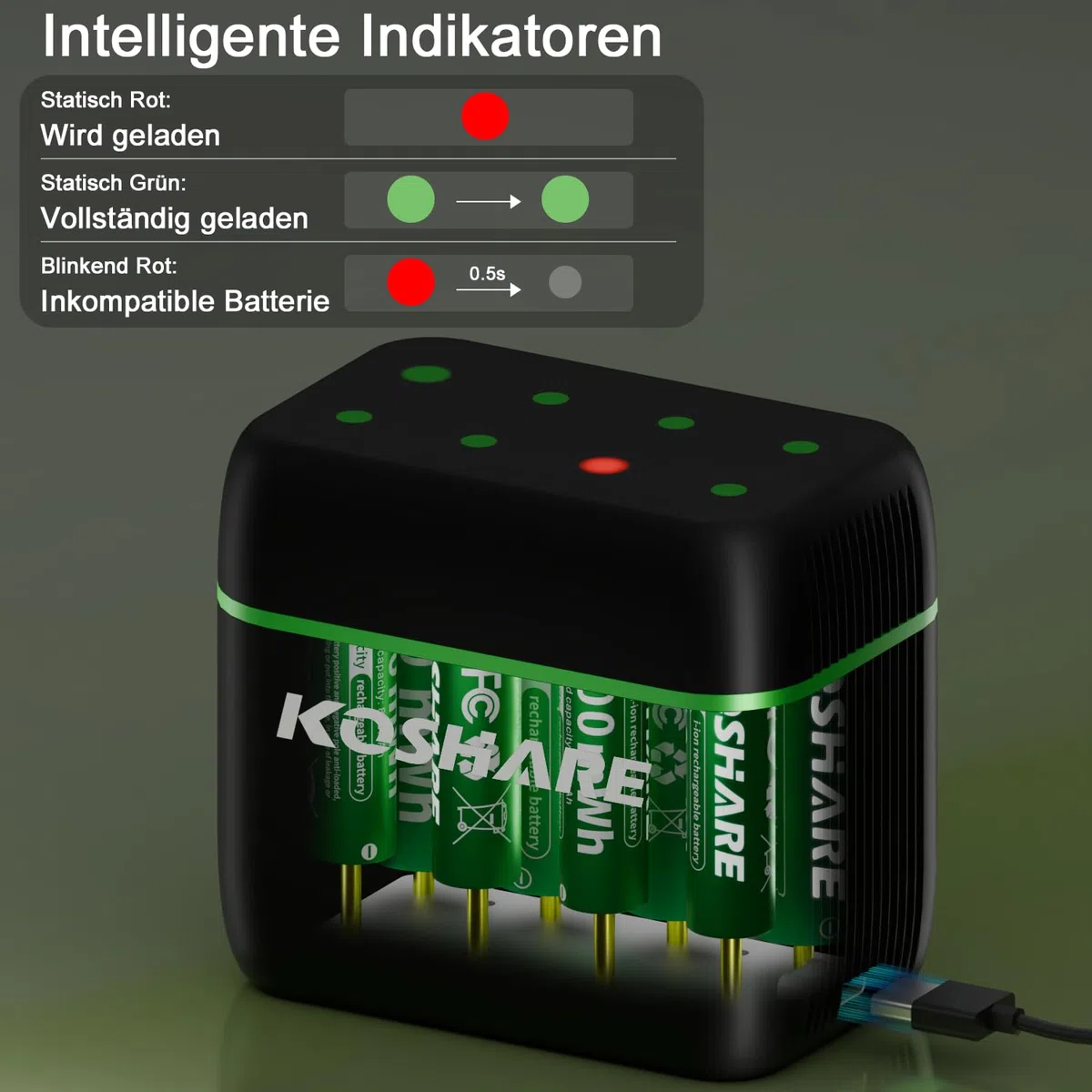 Pilas recargables de litio AAA de 1,5 V AA con cargador, 4 unidades de 3700 mWh doble A y 4 unidades de 1300 mWh triple A de alta capacidad, recargables hasta 1200 veces (negro y verde)