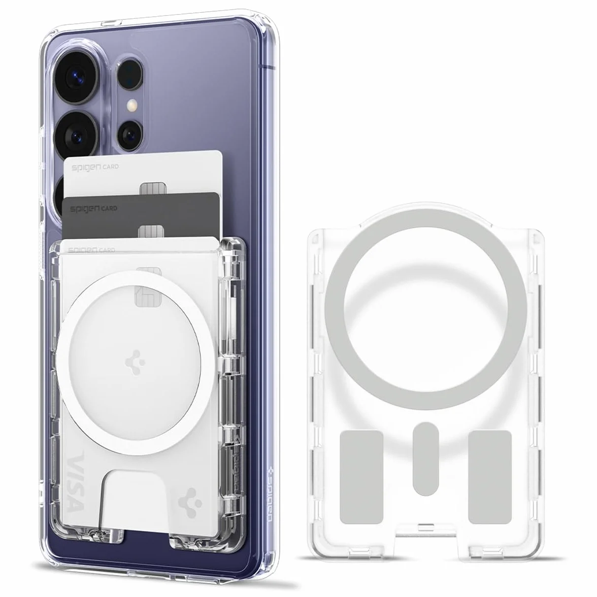 Spigen Ultra Hybrid MagFit+ Tarjetero Cartera Magnético Compatible con Funda magnética de Samsung Galaxy S26 & S25 Serie, S25 Edge y Z Fold 7 - Transparente