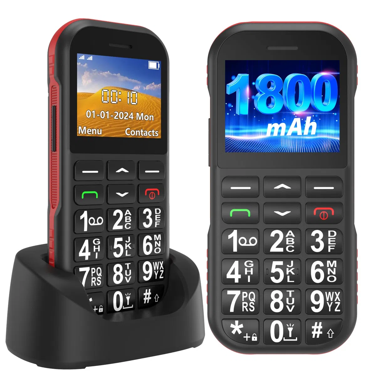 Telefono Movil para Mayores Libre, gsm Fácil de Usar Teléfono Móvil Basico de Teclas Grandes, Batería de 1800 mAh, Admite Tarjetas SIM Duales, Cable USB Tipo C, Botón SOS, Base del Cargador