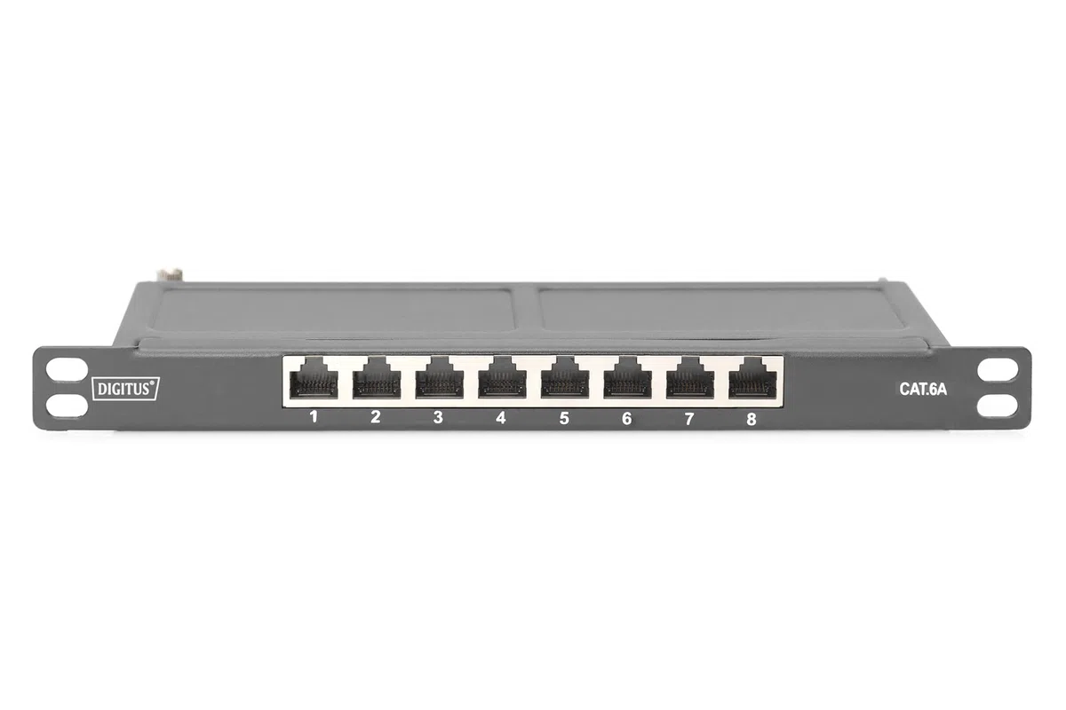DIGITUS Panel de conexión Cat-6A - 8 Puertos - Montaje en Rack de 10 Pulgadas 0,5 U - Blindado - Conectores RJ45-10GBase-T - Panel de distribución LSA - Negro
