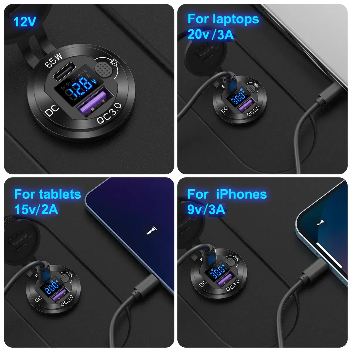 Toma USB 12V Cargador Coche de Aluminio PD65W Puerto USB de Coche para Portátiles, Puerto U-S-B Quick Charge 3.0, Enchufe Boost Incorporado Impermeable con Voltímetro e Interruptor para RV