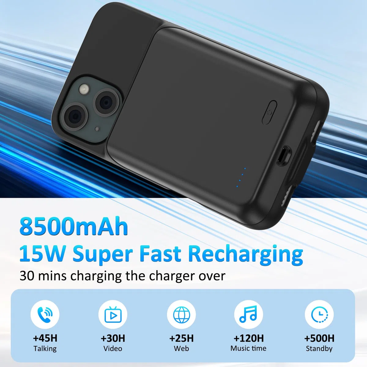 Funda de Batería para iPhone 15 (6.1"), Cargador Portátil de 8500mAh, Funda Ultrafina de Batería Extendida, Cargador de Teléfono y Funda Protectora con Función de Carga para iPhone 15