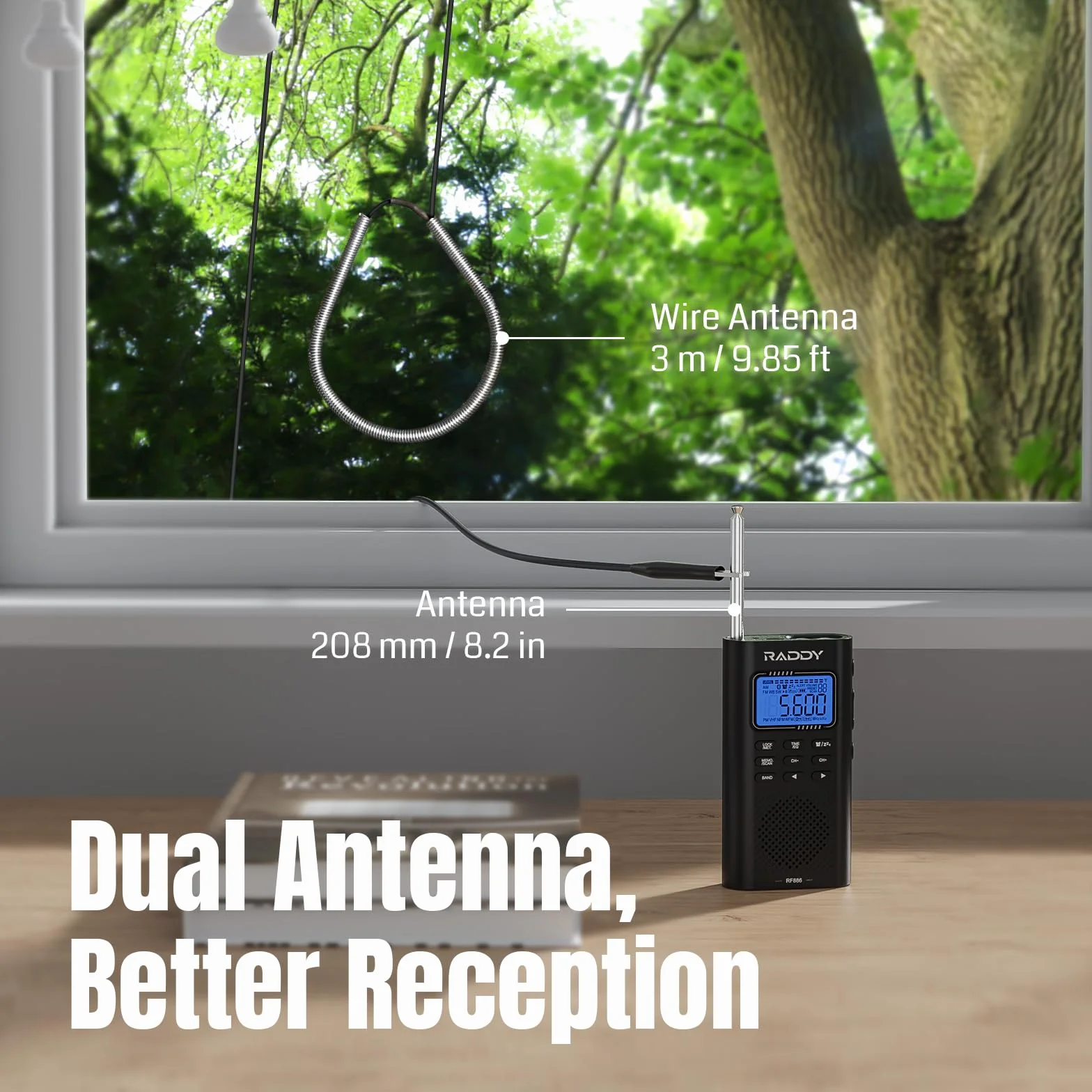 Raddy RF886 Radio Portátil de Onda Corta Pequeña Radio Am/FM/SW/UKW Radio Digital, Radio con Batería y Altavoz BT, 3 M Antena Externa