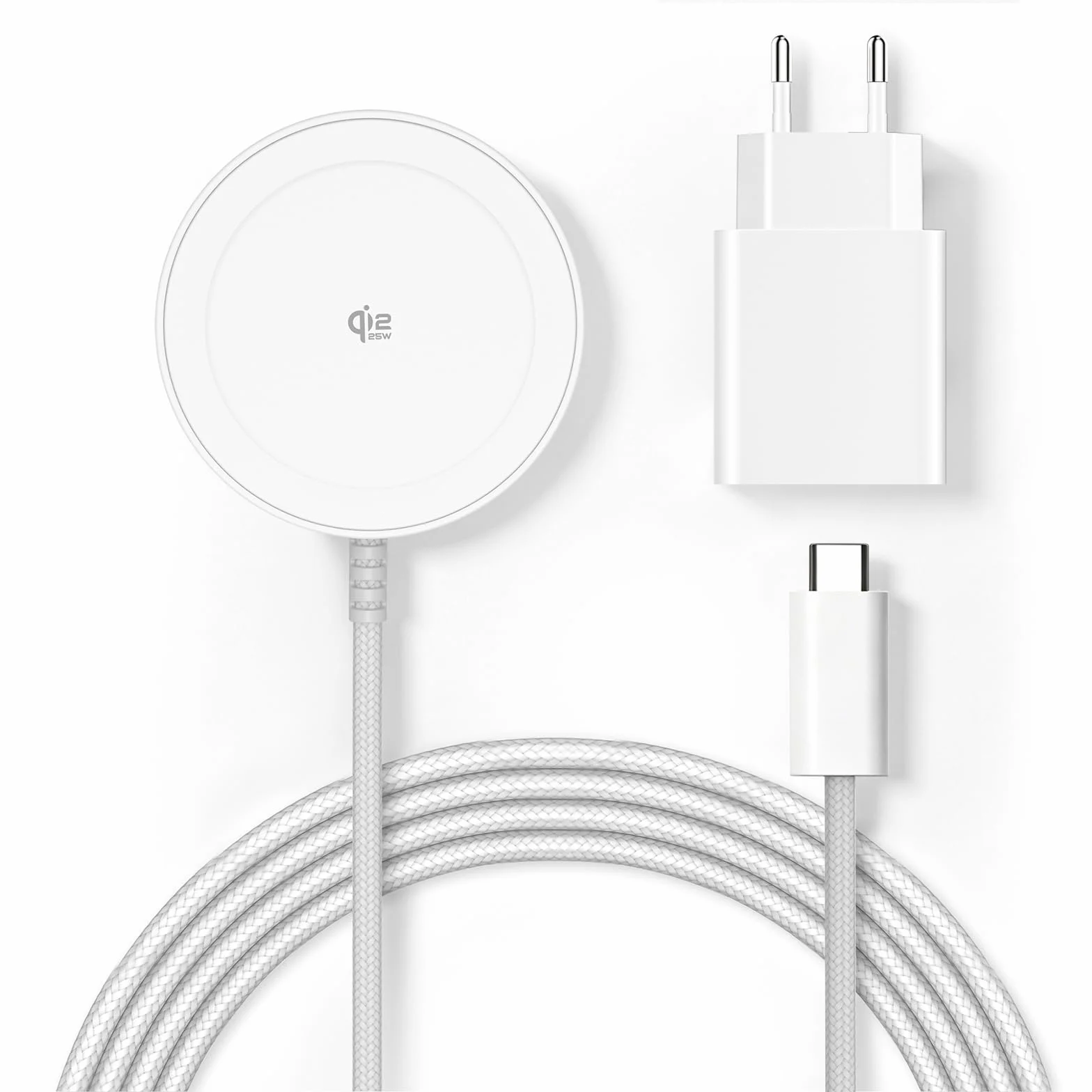 Cargador inalámbrico magnético Qi2 25 W, Base con Cable 1,5 m Compatible con mag-Safe para iPhone 17e/Air/17/16/15/14/13/12, Air-Pods 4/3/2/Pro, Serie Pixel 10 y más, Adaptador 30 W - Blanco
