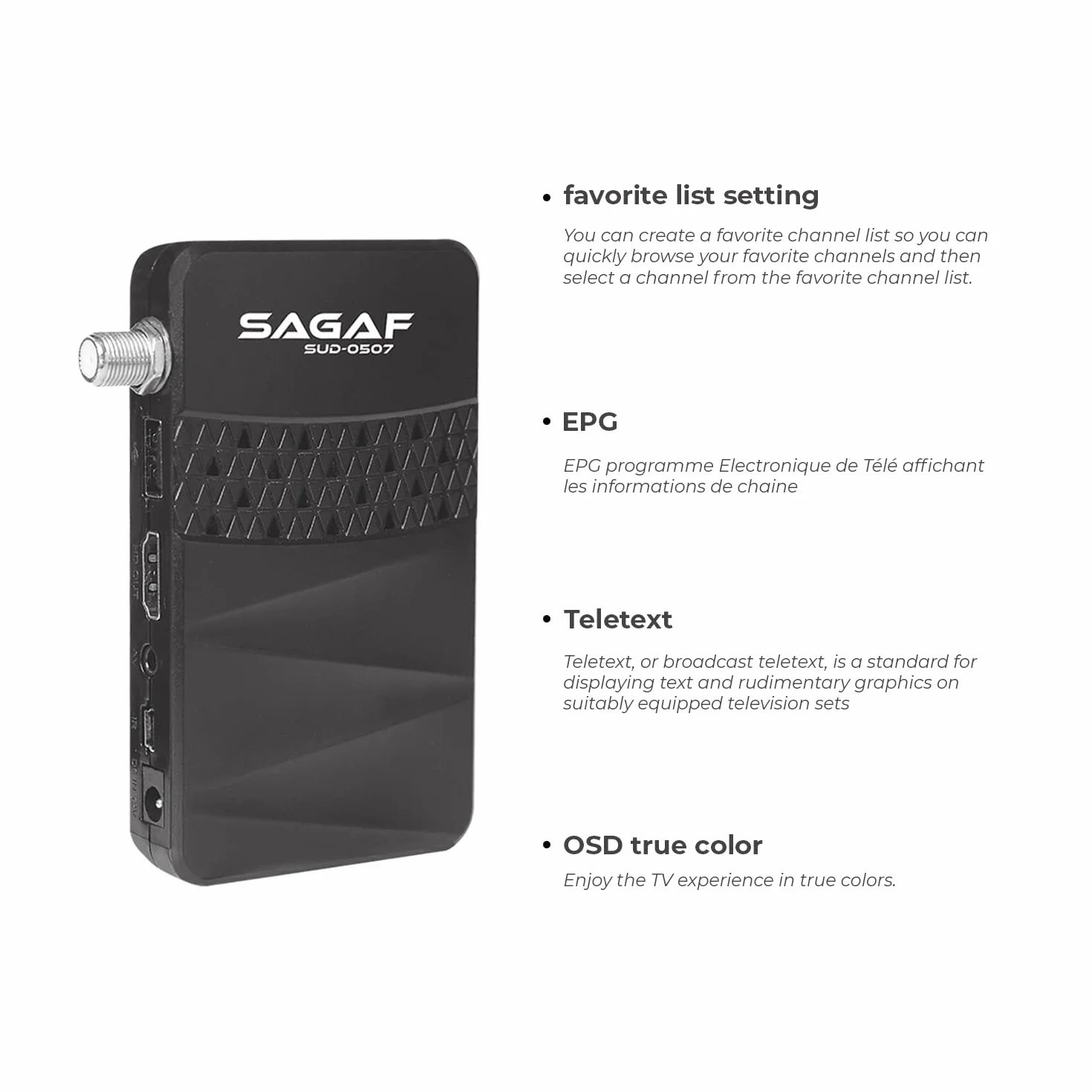Leyf & Sagaf SUD-0507 Mini Satelite Receptor - DVB-S2 - Full HD 1080p Satélite Digital - Decodificador Receptor Satelite (HDTV, Scart, USB) - 2X Telecomando, Sólo para Canales alemanes