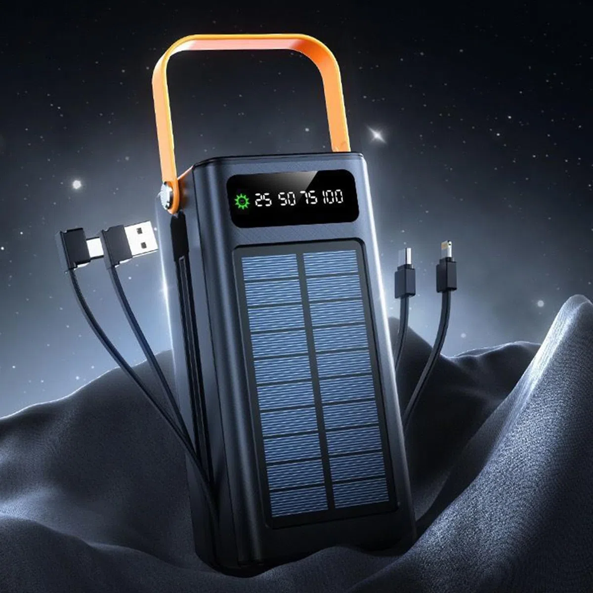 Cargador Solar Portátil,Equipo De Supervivencia 50000mAh con Luz Cables Integrados 4 Salidas Y 3 Entradas Batería Externa 120W 50000mAh para Todos Los Dispositivos Móviles Aire Libre