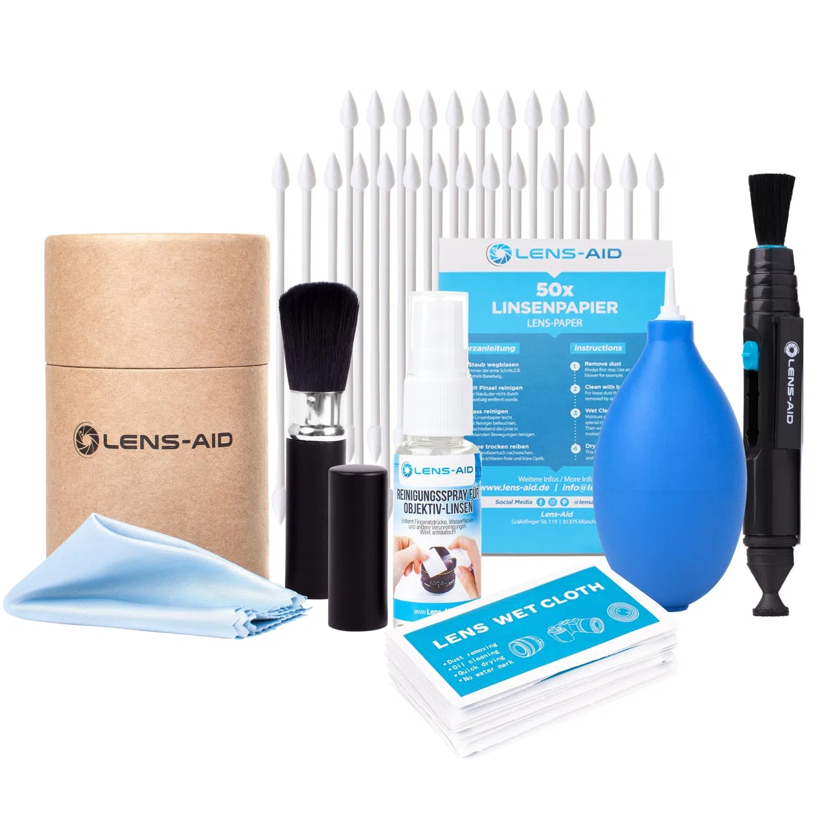 Lens-Aid Kit Limpieza cámara 8 en 1 – Set con Fuelle, Cepillo, lápiz, paños, líquido y más – Ideal para Objetivos, sensores, filtros y Pantallas – Regalo para fotógrafos