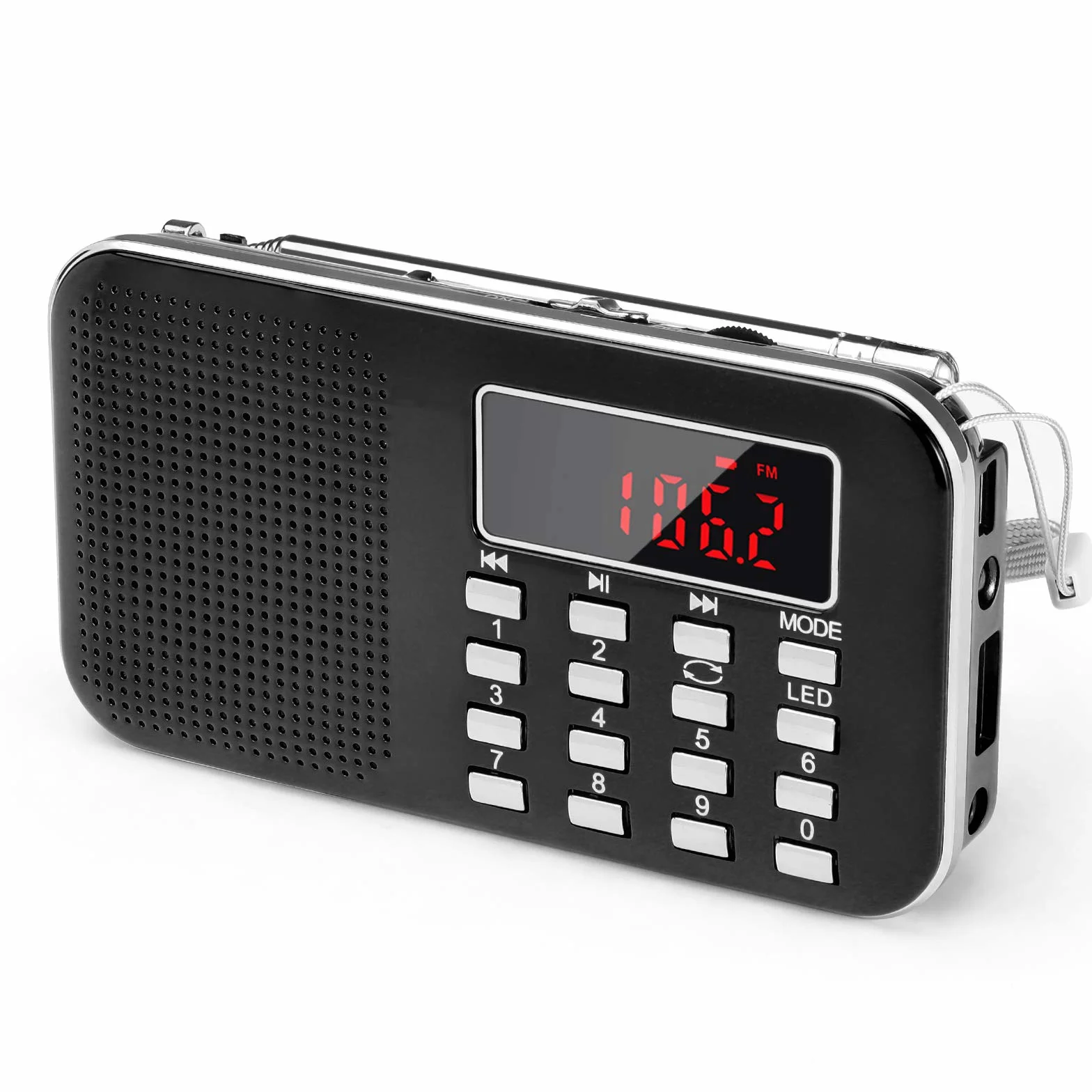PRUNUS J-908 AM/FM Radio Portatil Pequeña Recargable, Radio Pequeña Digital con Linterna LED, Reproductor de TF/USB/AUX /MP3, Radio Bateria Recargable de 1200 mAh (Negro)