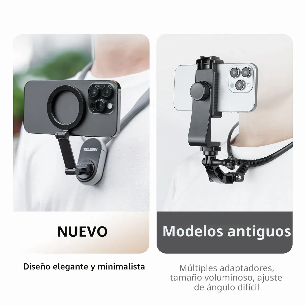 TELESIN POV/Vlog Cunas de Cuello Magnético para Teléfono, Collarín Telefónico Soporte con Manos Libres Soporte de Pecho para Grabación de Vídeo Correa para iPhone 17 16 15 14 13 12 Android (Gris)