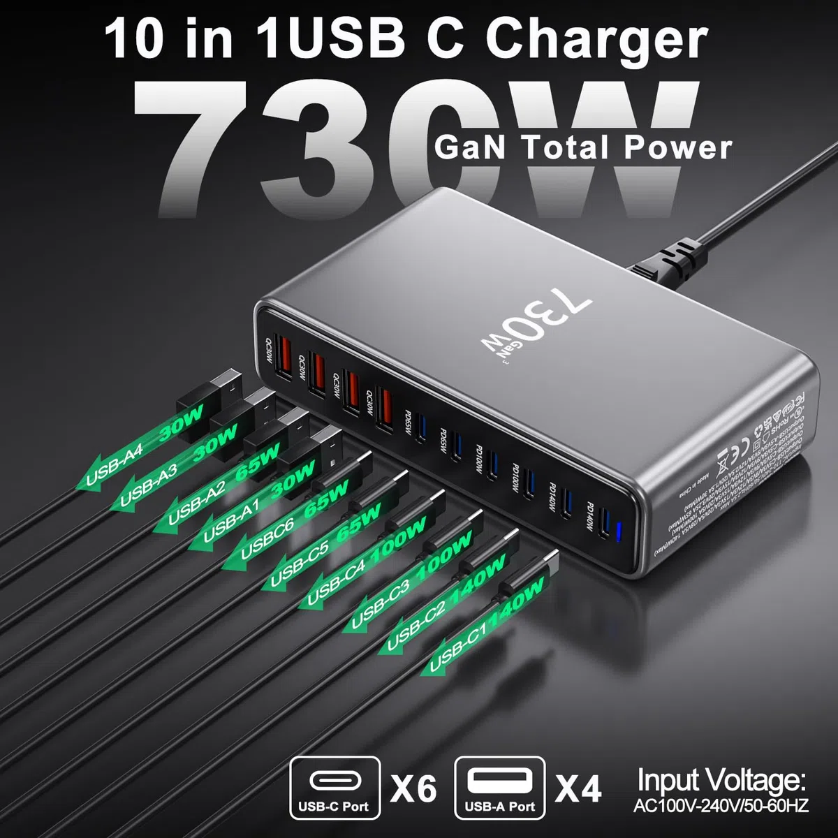 Cargador USB C 730W, Estación de Carga 10 Puertos, Cargador Rápido Adaptador Sector para Ordenador portátil 140W, Alimentación PD, Compatible con iPhone/Samsung/Google/Laptop/MacBook Pro/Air/DELL