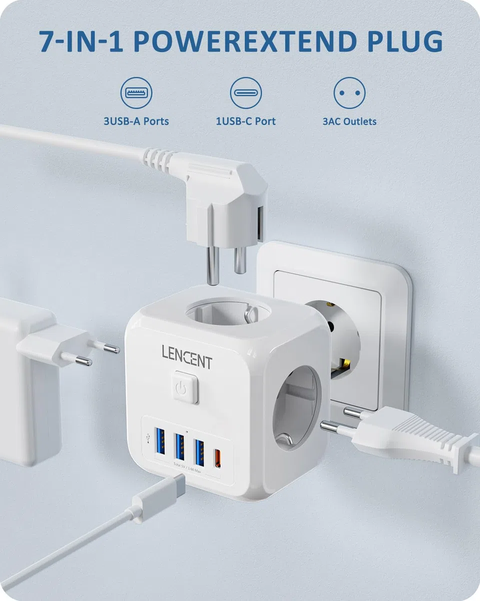 LENCENT Cubo Enchufe USB 7 en 1, Ladron Enchufes 4000W, Triple Múltiples Pared con 3 Tomas de CA, 3 USB-A, 1 Tipo C y Interruptor, Cargador Regleta Pared para Oficina, Cocina y Habitación