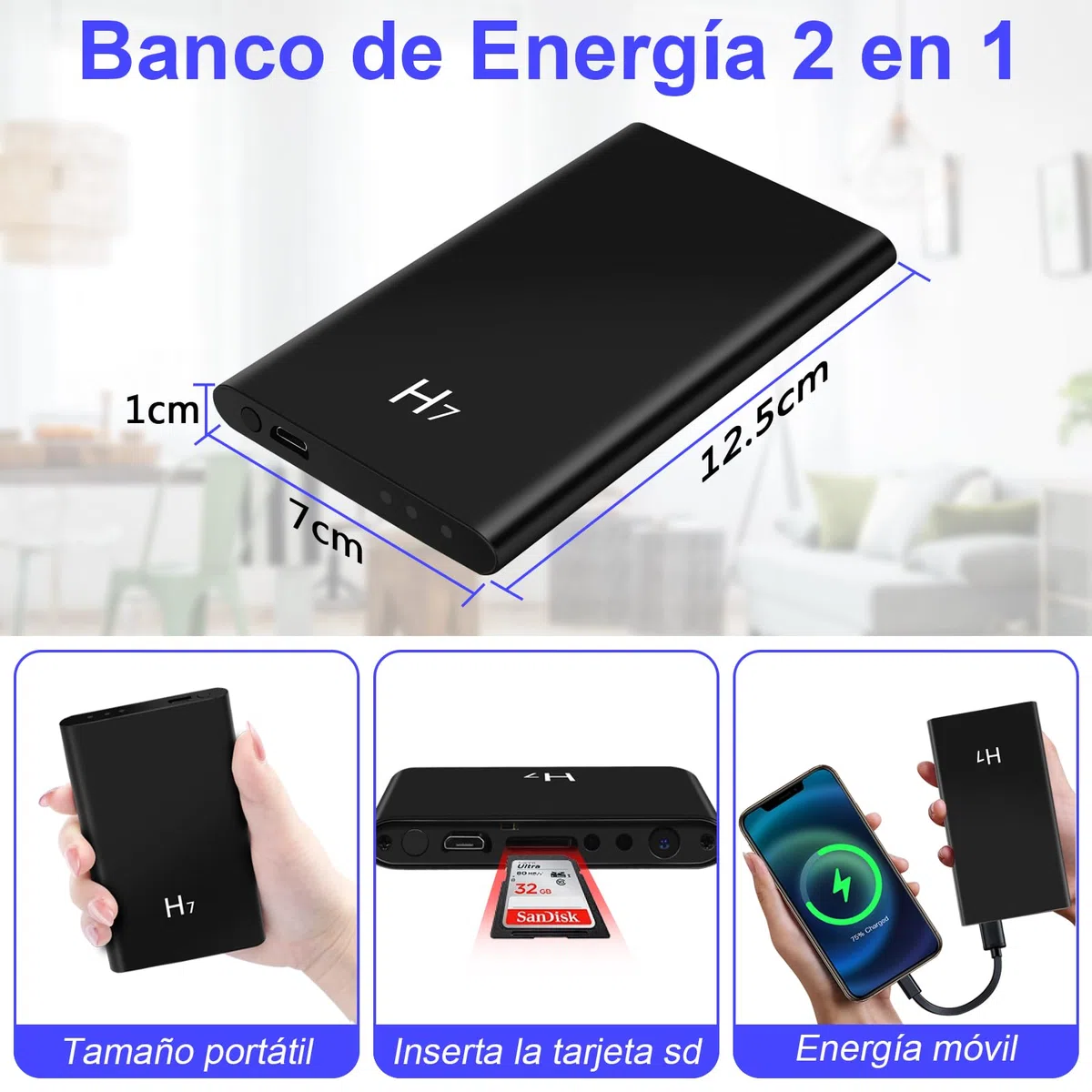 Cámara Oculta Powerbank Mini Cámara Espía HD 1080P, 5000mAh Power Bank Espía Cámara Oculta Apoyo Tomar Foto/Vídeo, Visión Nocturna y Grabación en Bucle, Incluye 3 en 1 Cable USB