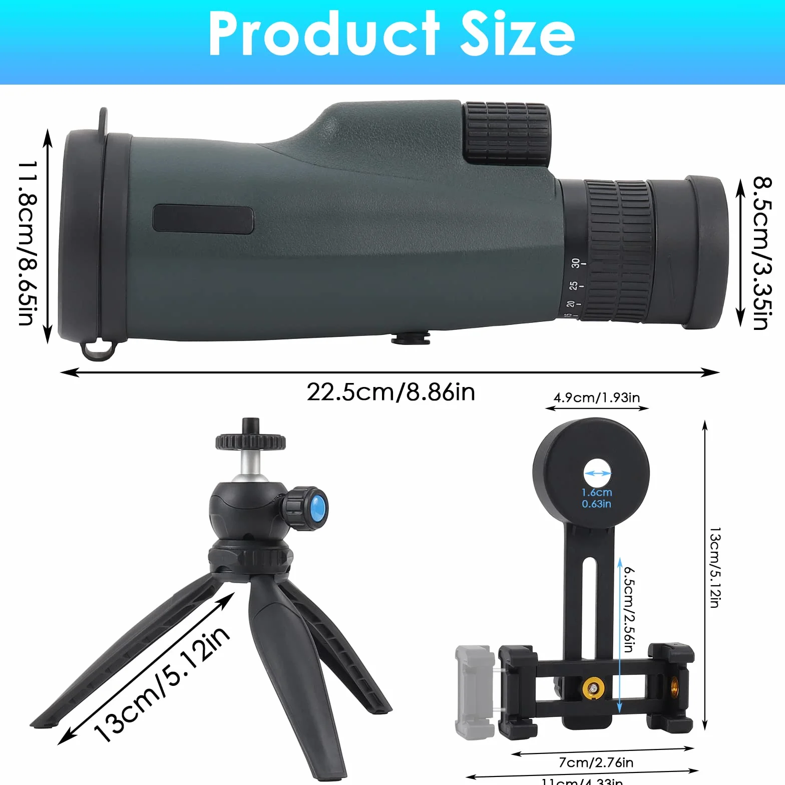 Monocular 10-30x50 HD Zoom, Czemo Largo Alcance Impermeable y Antivaho com Prisma BAK-4 y Soporte Teléfono y Trípode para Observación de Aves Caza