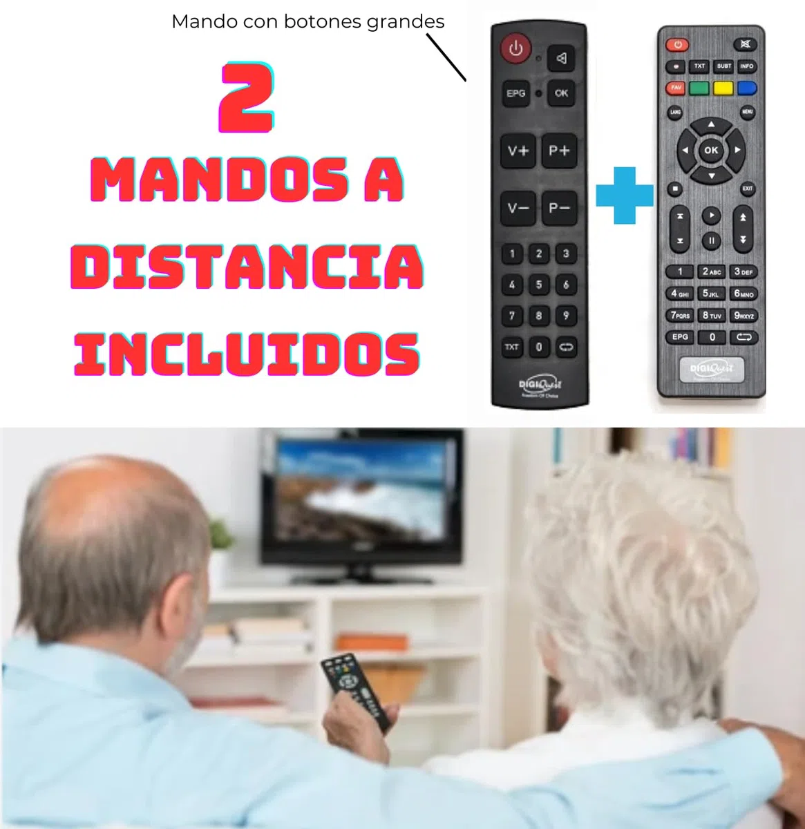Receptor TDT HD DVB-T2 Digiquest G23 HEVC H.265 10bit Full HD FTA, Sintonizador TDT HD, DVB-T2, USB, HDMI, SCART, Ethernet LAN RJ-45, Mando a distancia adicional para personas mayores, Negro, Plástico