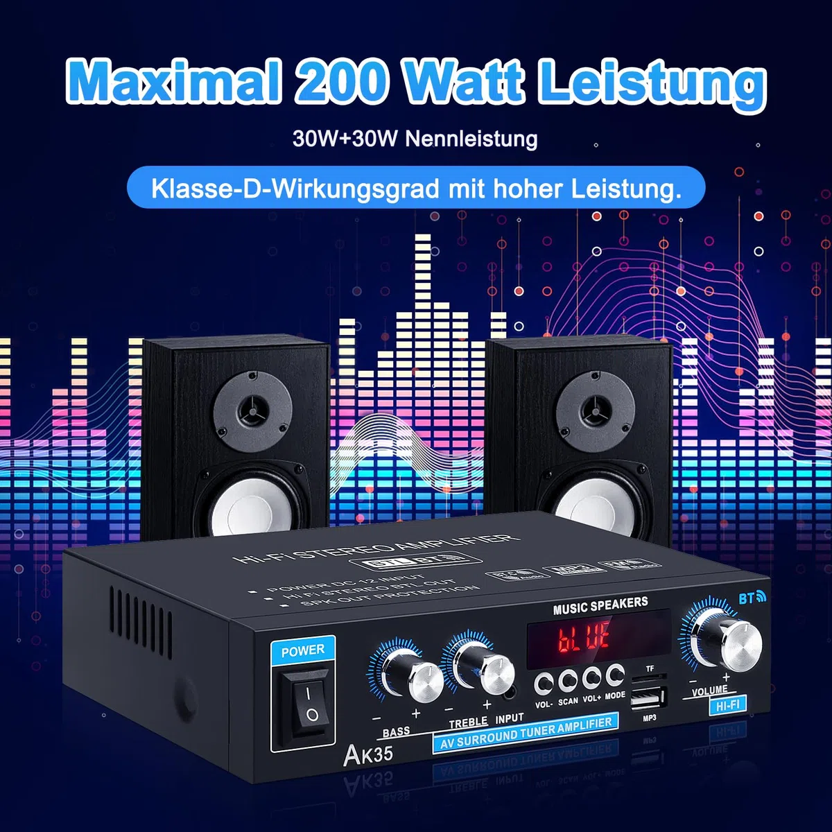 AK35 Amplificador Estéreo HiFi Bluetooth 5.0 Digital Mini Audio 300W 2.0 Canales con Bajo, Sintonizador Treble para Altavoz Home