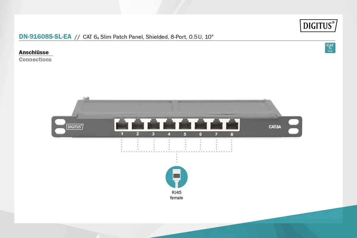 DIGITUS Panel de conexión Cat-6A - 8 Puertos - Montaje en Rack de 10 Pulgadas 0,5 U - Blindado - Conectores RJ45-10GBase-T - Panel de distribución LSA - Negro