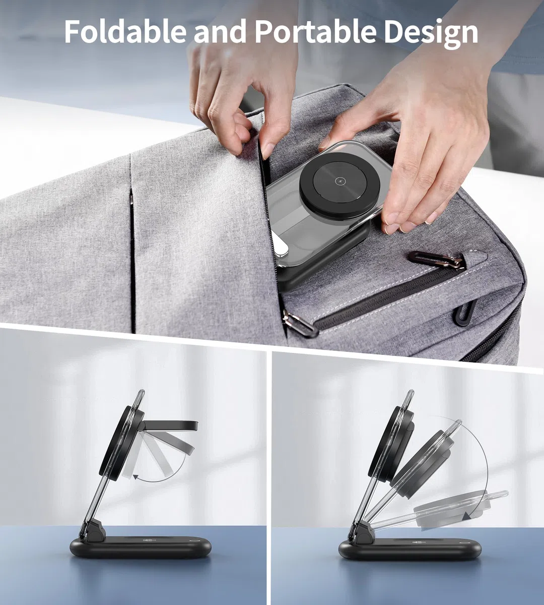 Estación de carga inalámbrica 3 en 1 para Mag-Safe, cargador magnético inalámbrico plegable y ajustable, soporte de cargador de viaje Mag-Safe con luz para iPhone Series 15/14/13, AirPods, Apple Watch