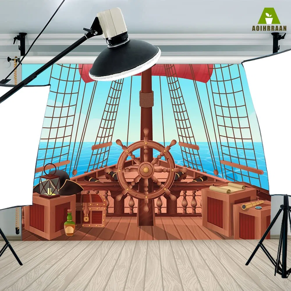 Aoihrraan 2,2x1,5m Dibujos Animados Pirata Barco FondoBote Timón Madera Cubierta Caja Azul Mar Vela Fotografía FondoNiño Niño Cumpleaños Aventura Tema Fiesta Bebé Ducha Niños Retrato Foto Accesorios