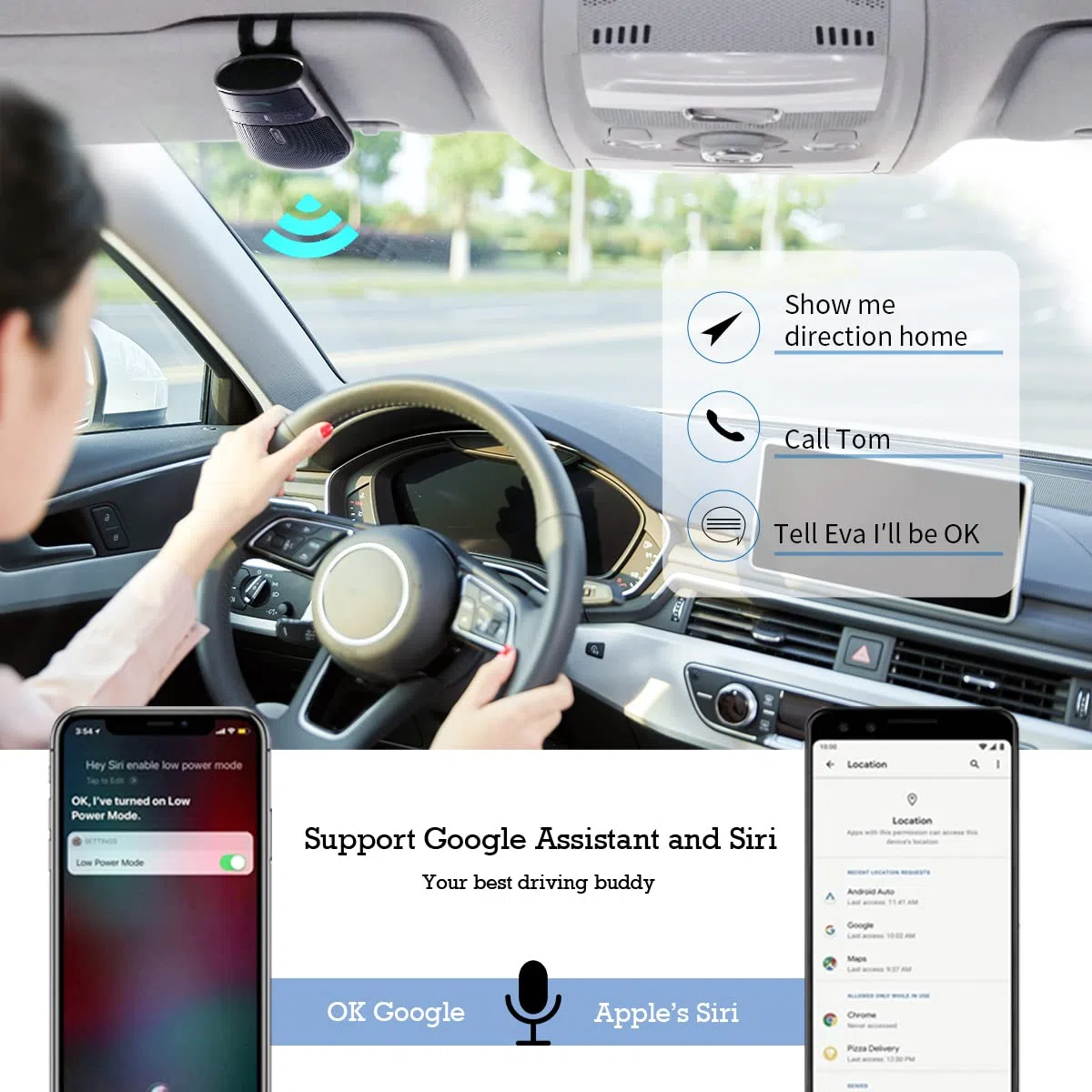 Manos Libres Coche 5.0,Soporte Siri y Asistente,Encendido Automático,Indicaciones de Voz,Música,Manos Libres Coche Bluetooth Conexión de 2 Teléfonos Simultáneamente con Clip de Visera-BC920SA