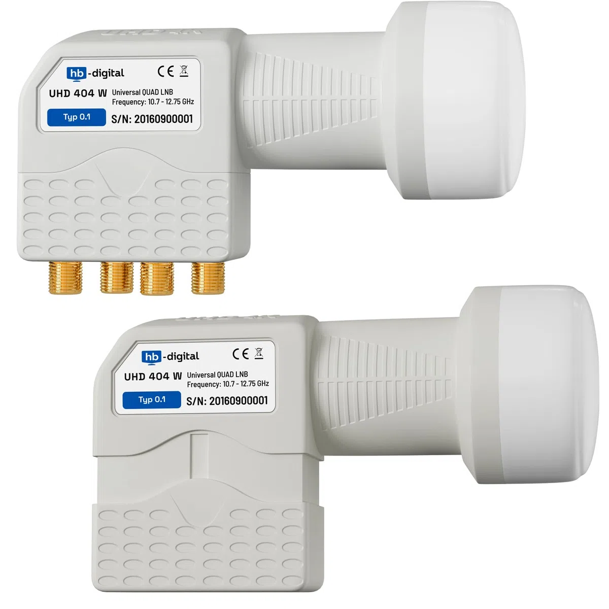 HB-DIGITAL Quad LNB 4 Veces DVB-S DVB-S2 Full HD TV 3D TV 4K UHD Sat 4 Participantes con Protección Climática + 8X F-Conectors Dorados