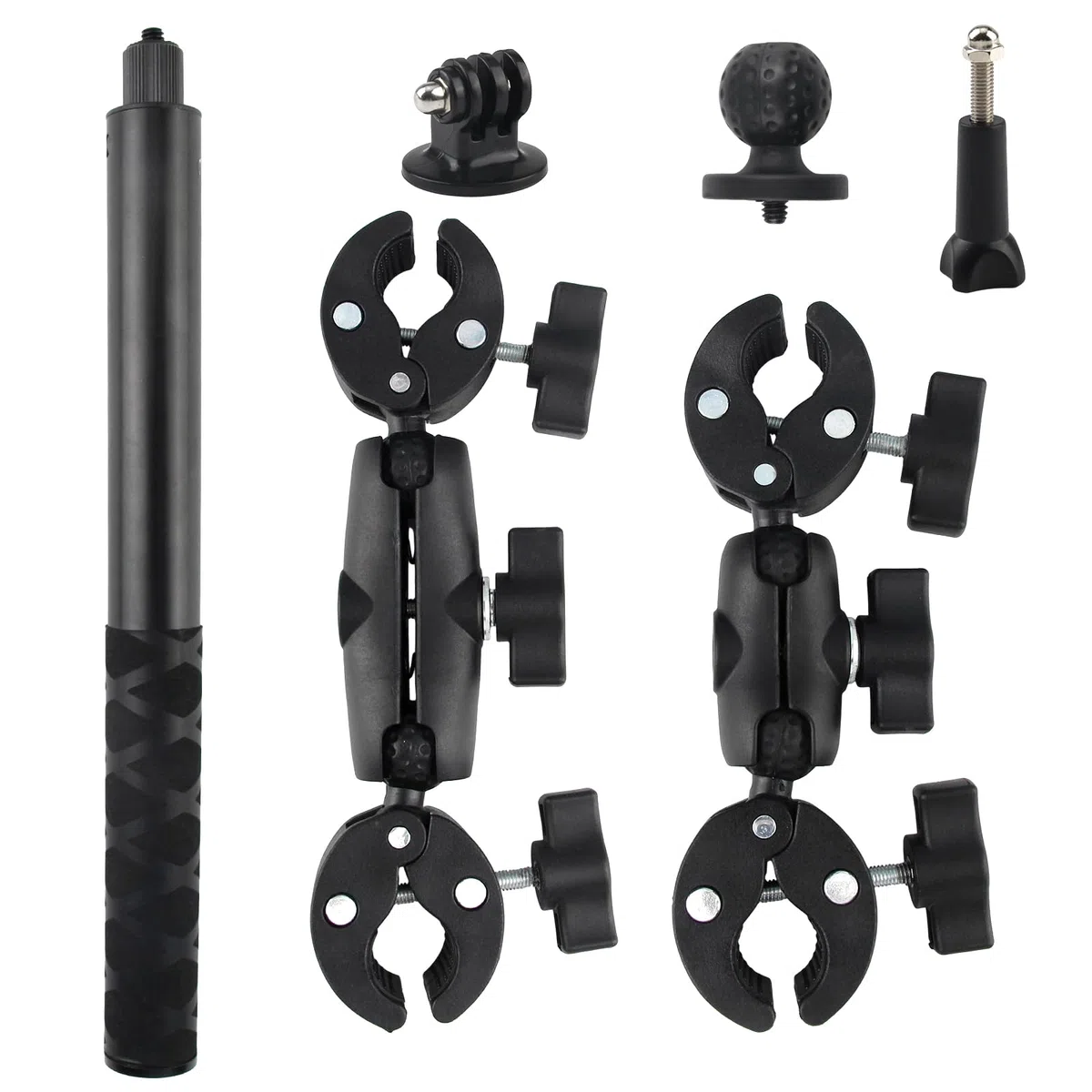 Soporte de Cámara Accesorio para Insta360 x5x4X3X2 Kit de Moto para Rotación de 360 Grados Doble Abrazadera Doble Estabilidad Soporte de Moto（120 cm con Palo Selfie）
