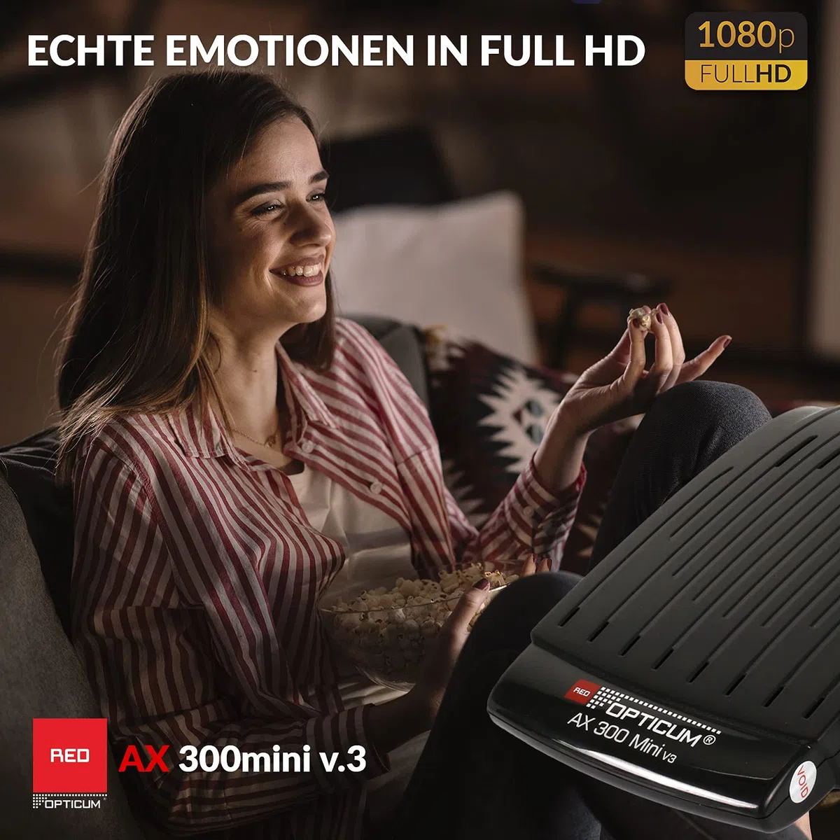 Red Opticum AX 300 Mini V3 con función de grabación PVR - Receptor de satélite Digital HD/Sensor de Infrarrojos Externo con Pantalla Full HD 1080p / Fuente de alimentación/USB/HDMI / 12V