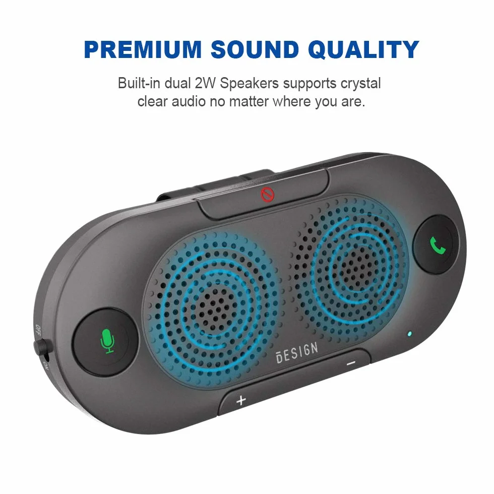 Besign BK06 Manos Libres Bluetooth para Coche, Altavoz Bluetooth Coche, Potente 2 X 2W, Soporta GPS y Música, Auto Encendido Apagado, Conectividad de Doble Enlace y Clip Visor